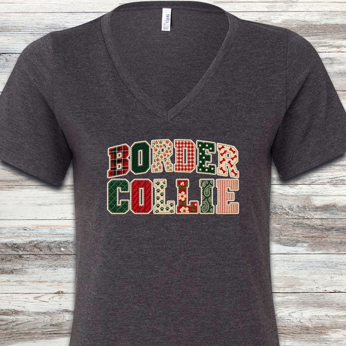 Border Collie Holiday Faux Patchwork V-Neck Tee - Dark Grey Heather