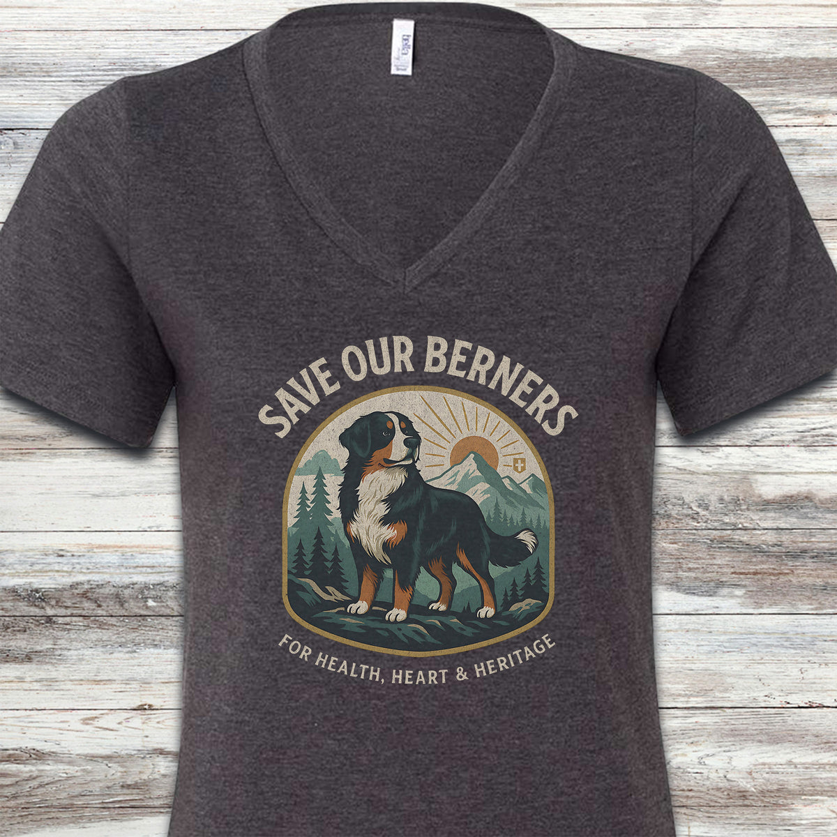 Bernese Mountain Dog Save Berners V-Neck Tee - Dark Grey Heather