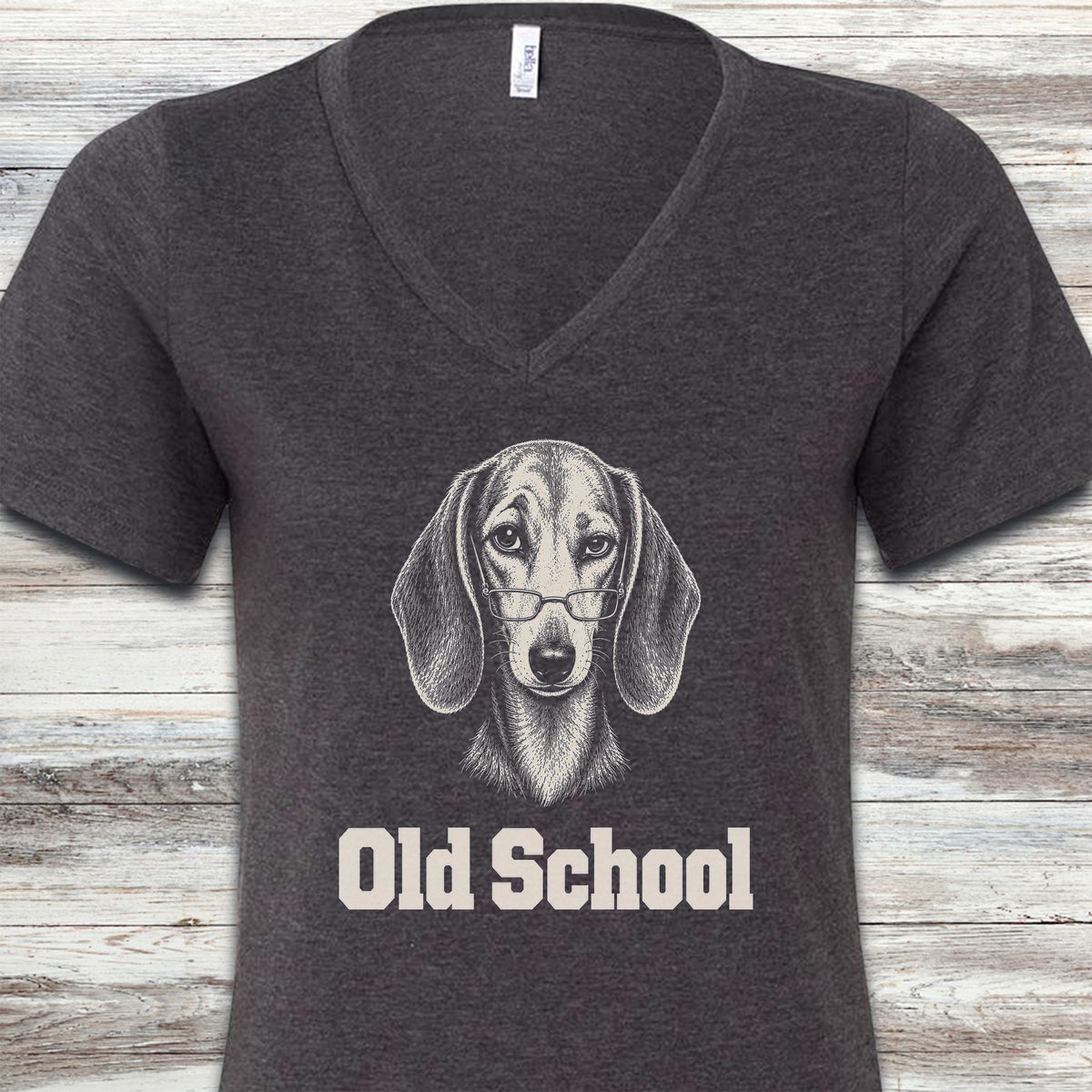 Dachshund Old School V-Neck Tee - Dark Grey Heather