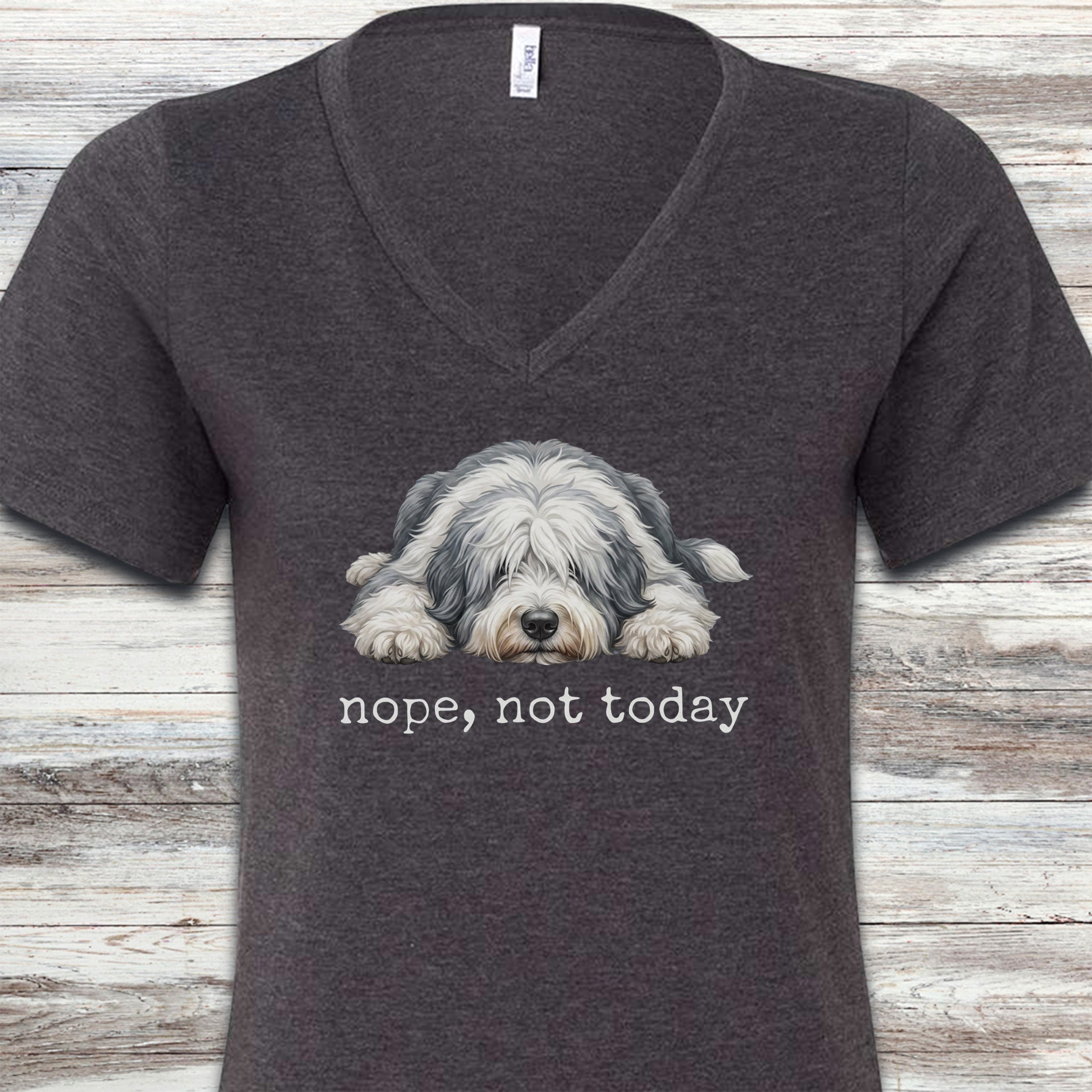 Old English Sheepdog Nope V-Neck Tee - Dark Grey Heather
