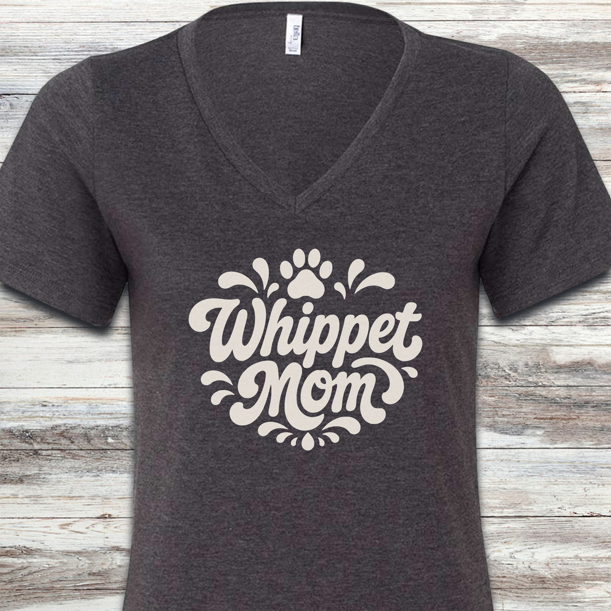 Whippet Groovy Mom V-Neck Tee - Dark Grey Heather