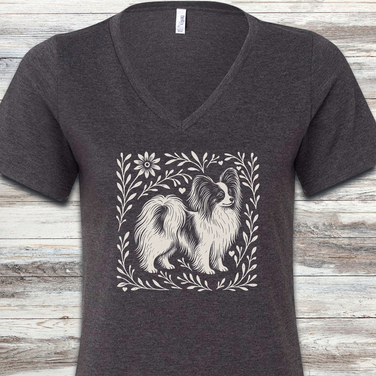 Papillon Linocut V-Neck Tee - Dark Grey Heather