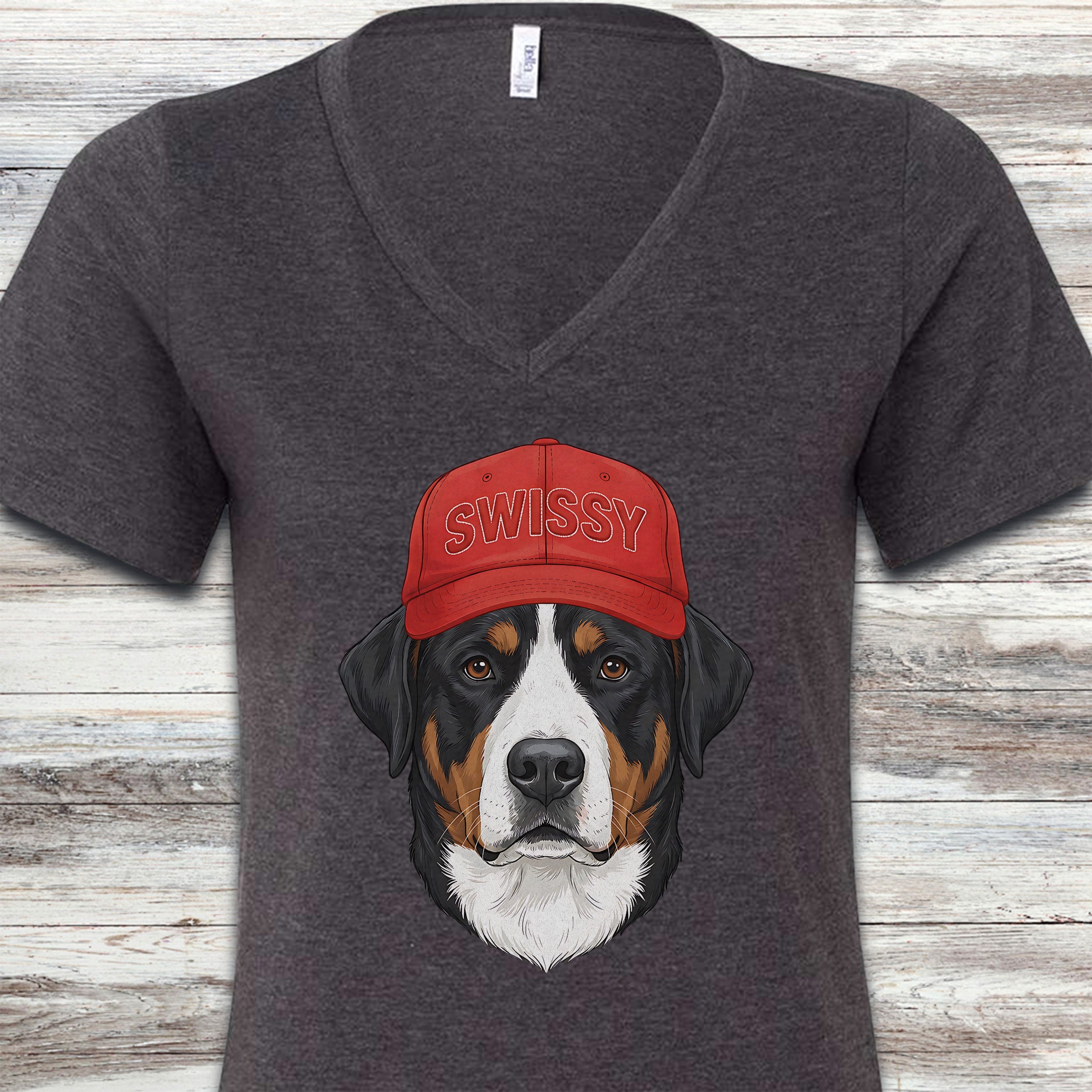 Swiss Mountain Dog Swissy Hat V-Neck Tee - Dark Grey Heather
