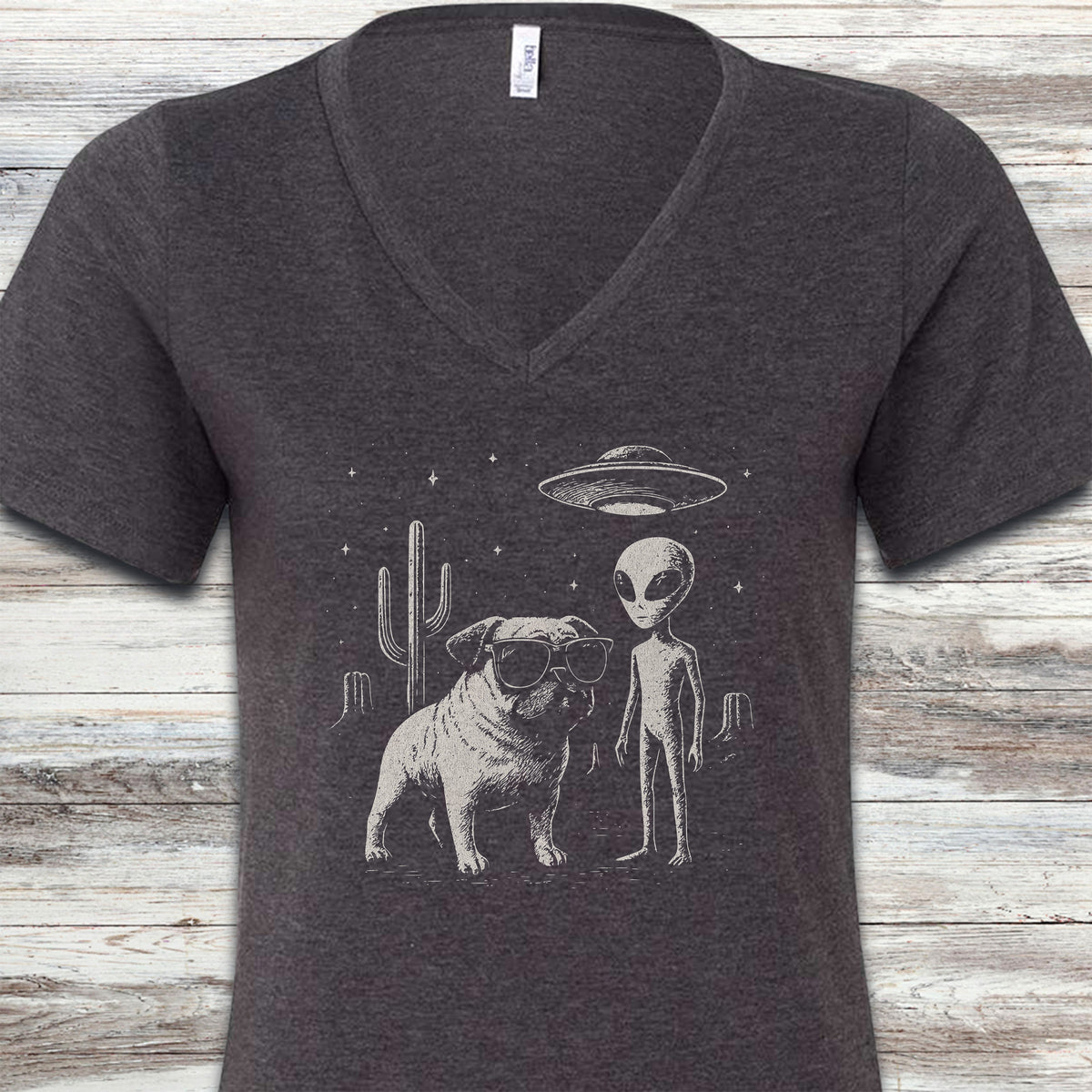 Pug Alien Encounter V-Neck Tee - Dark Grey Heather