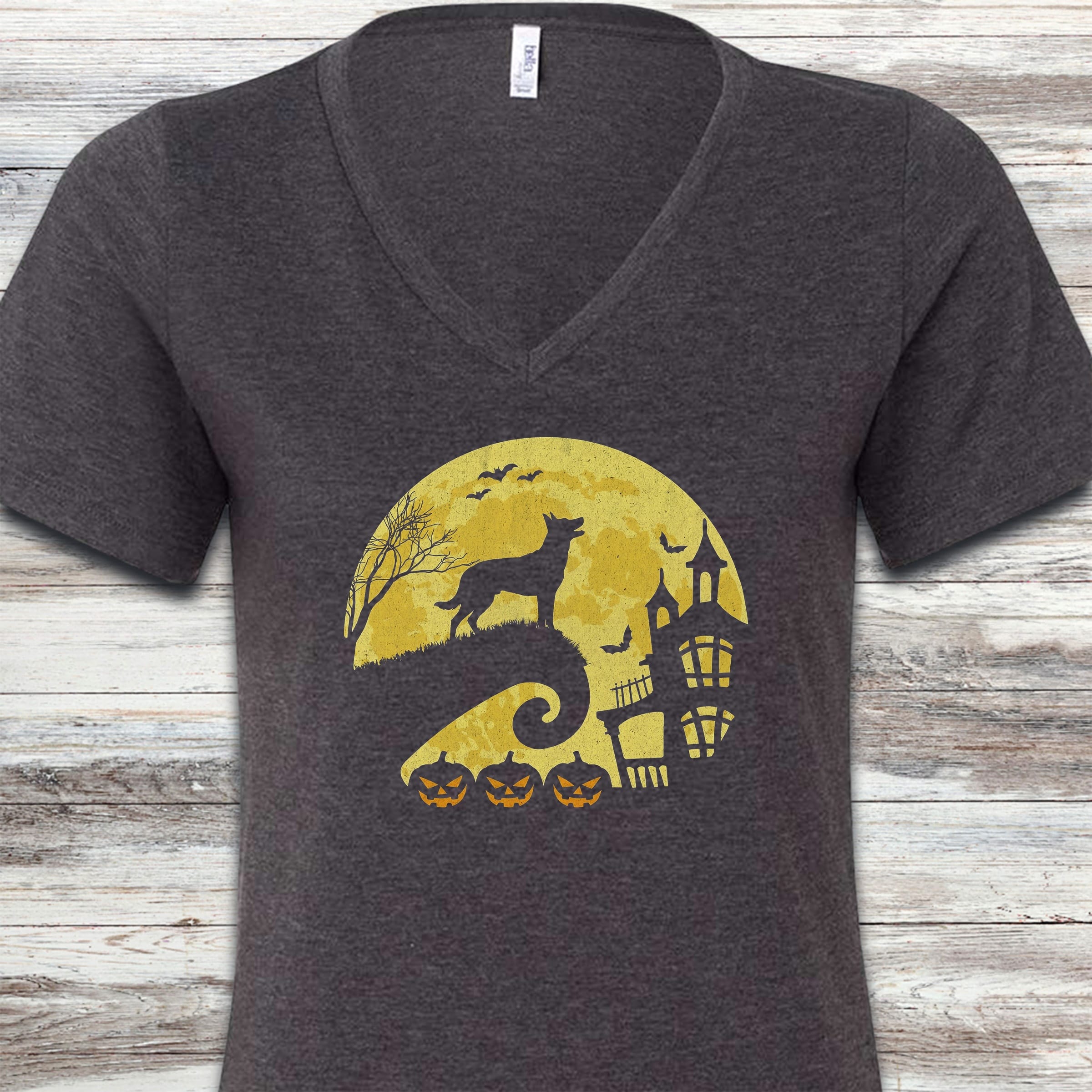 Dutch Shepherd Halloween Moon V-Neck Tee - Dark Grey Heather