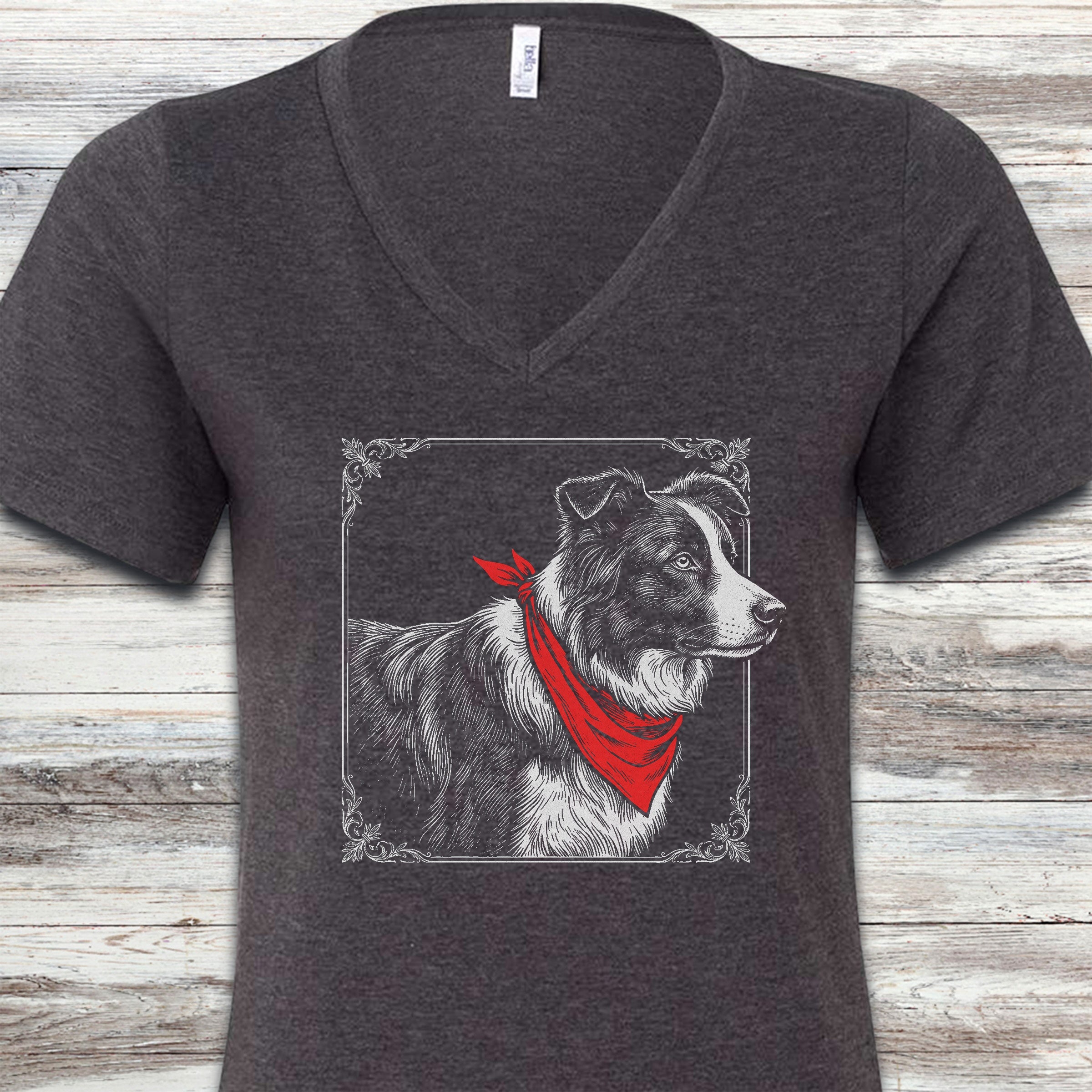 Border Collie Etching V-Neck Tee - Dark Grey Heather