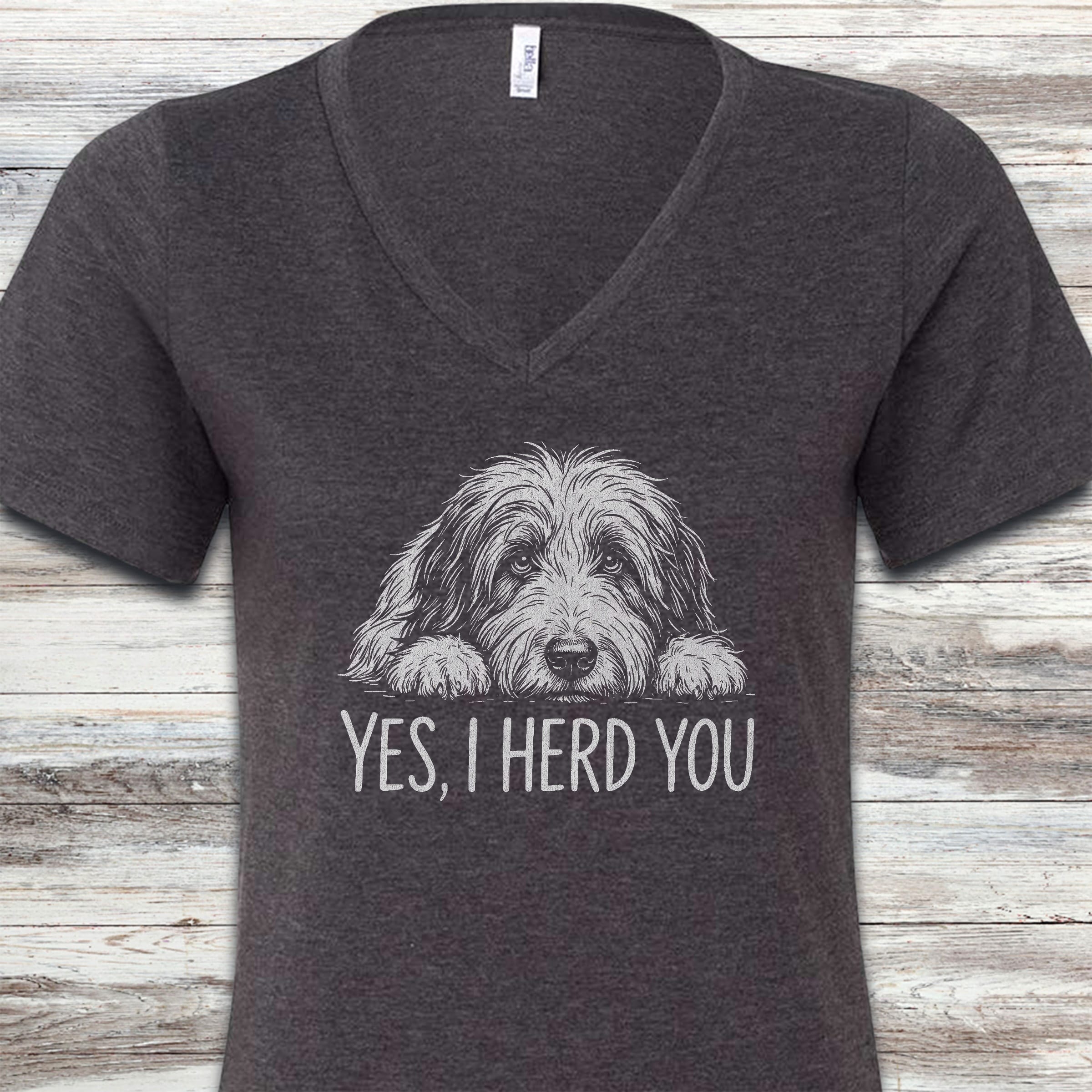 Bearded Collie Herd You V-Neck Tee - Dark Grey Heather