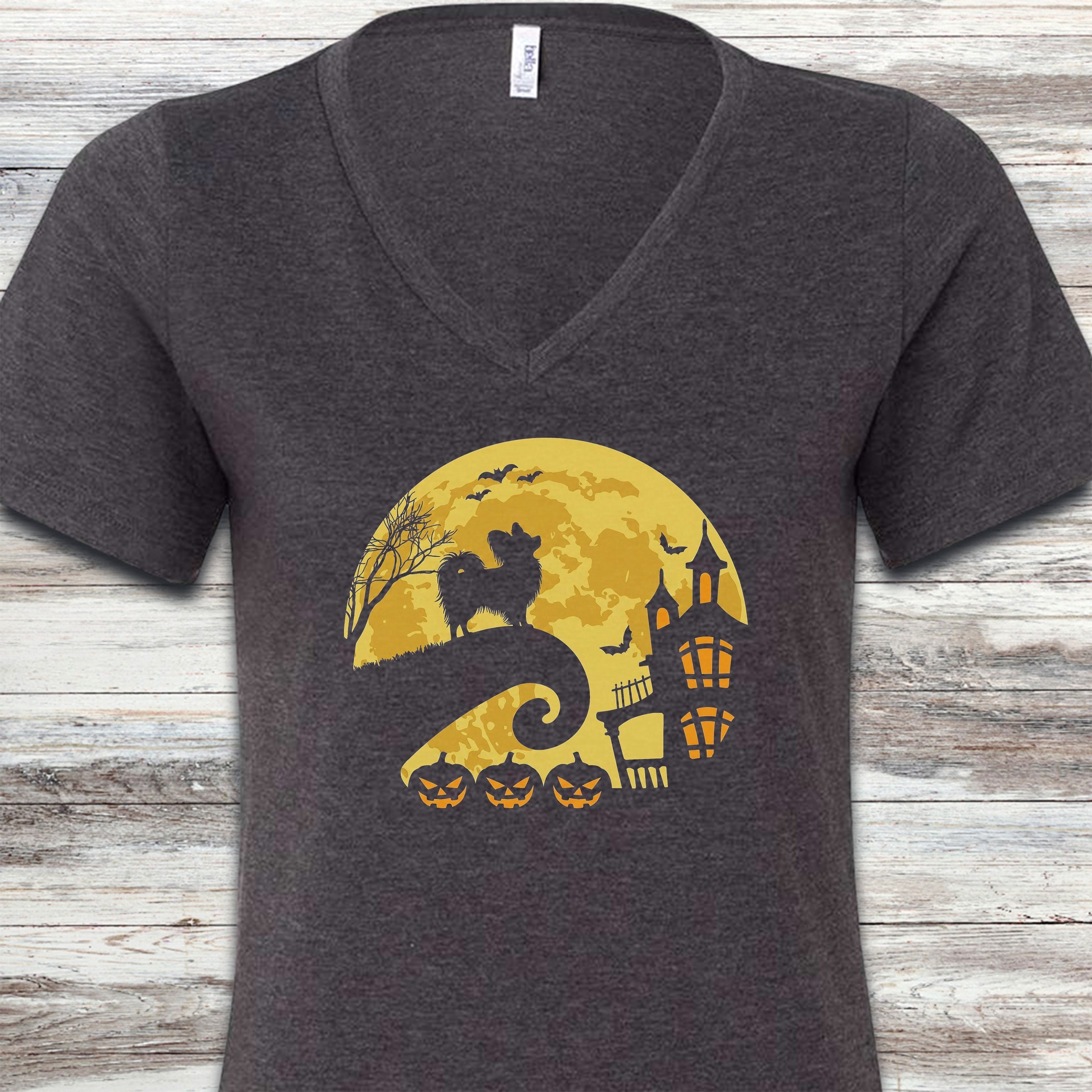 Papillon Halloween Moon V-Neck Tee - Dark Grey Heather