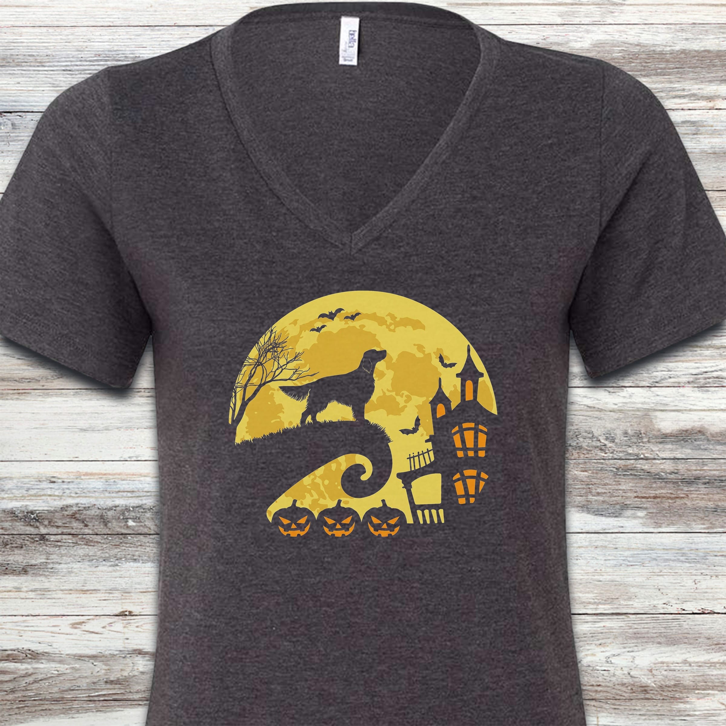 English Setter Halloween Moon V-Neck Tee - Dark Grey Heather