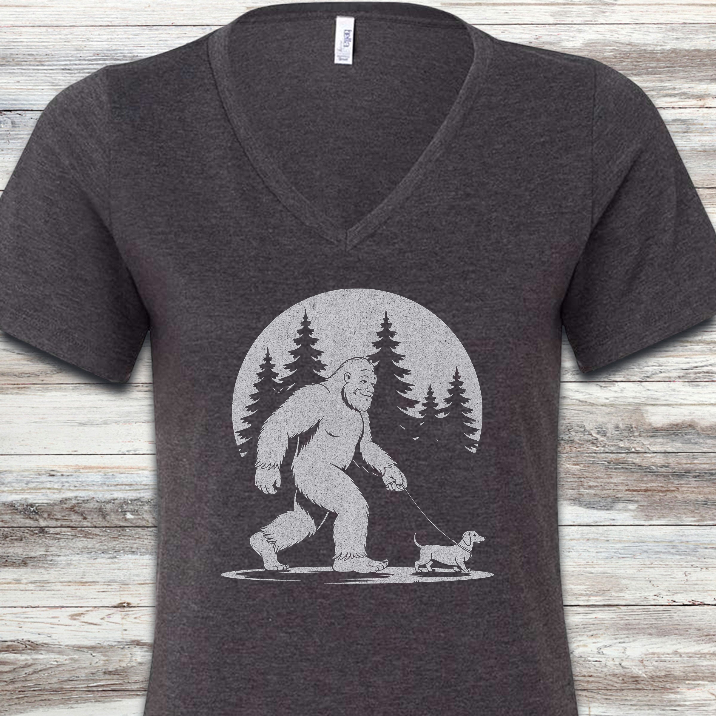 Dachshund Bigfoot V-Neck Tee - Dark Grey Heather