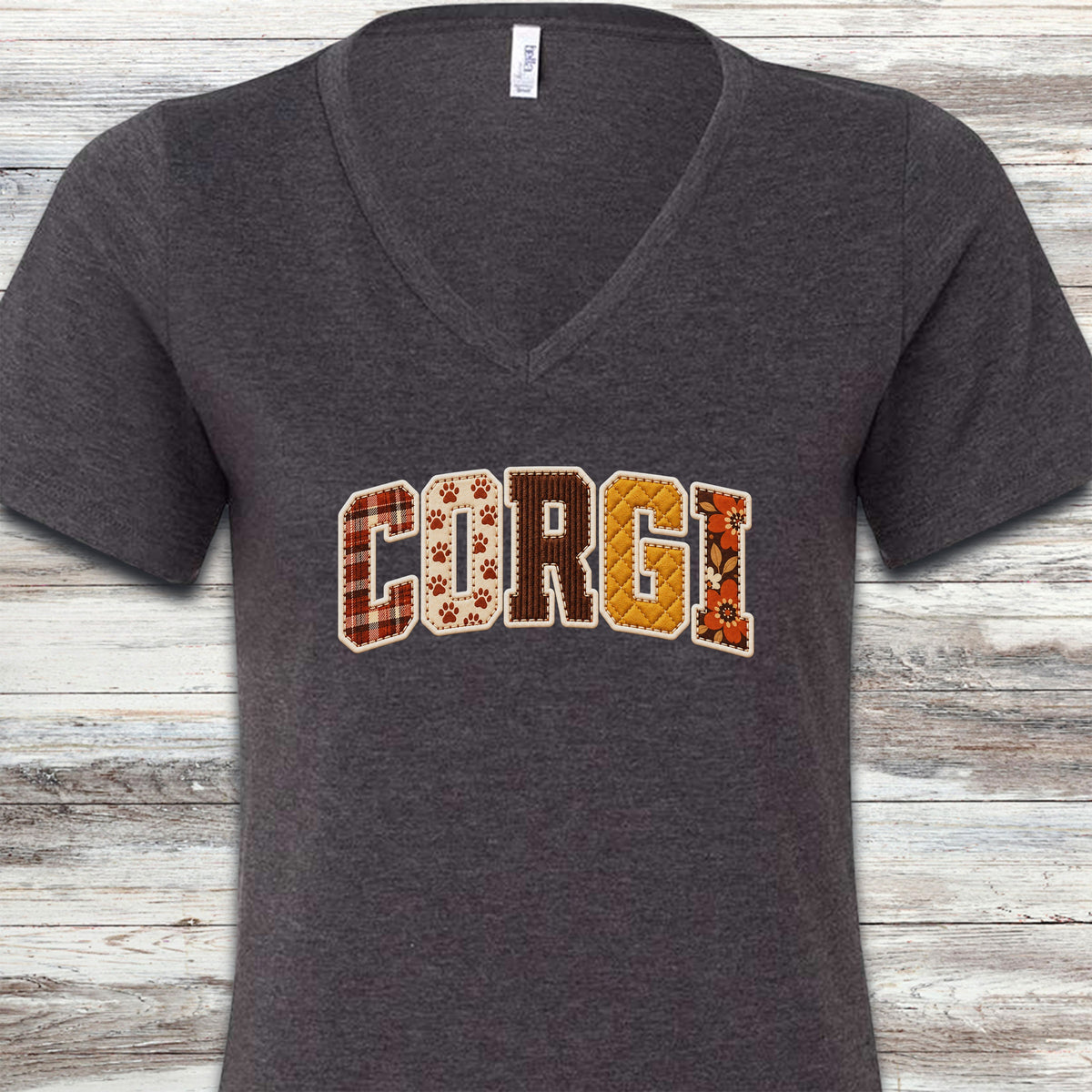 Corgi Fall Faux Patchwork V-Neck Tee - Dark Grey Heather