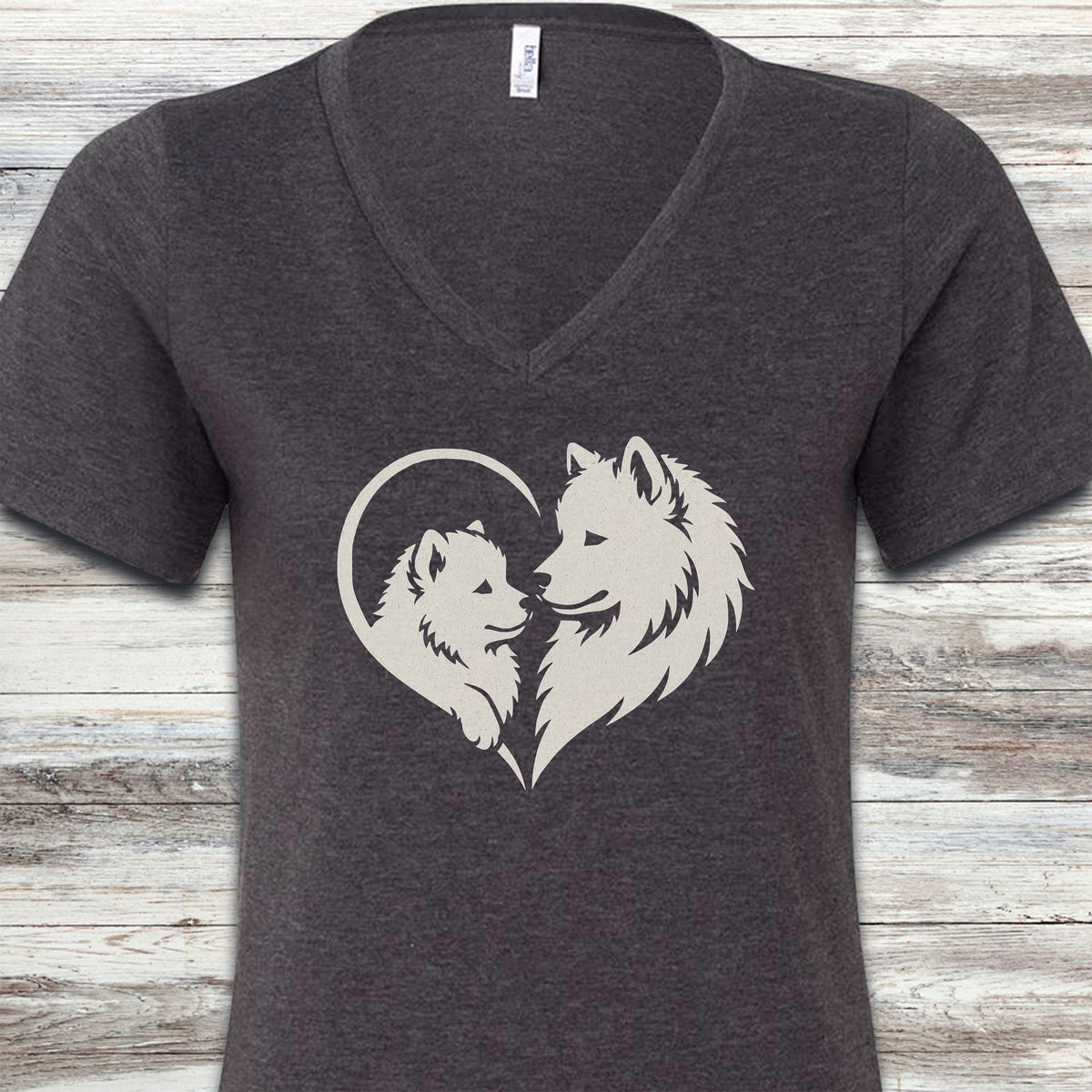 Samoyed Heart Bond V-Neck Tee - Dark Grey Heather
