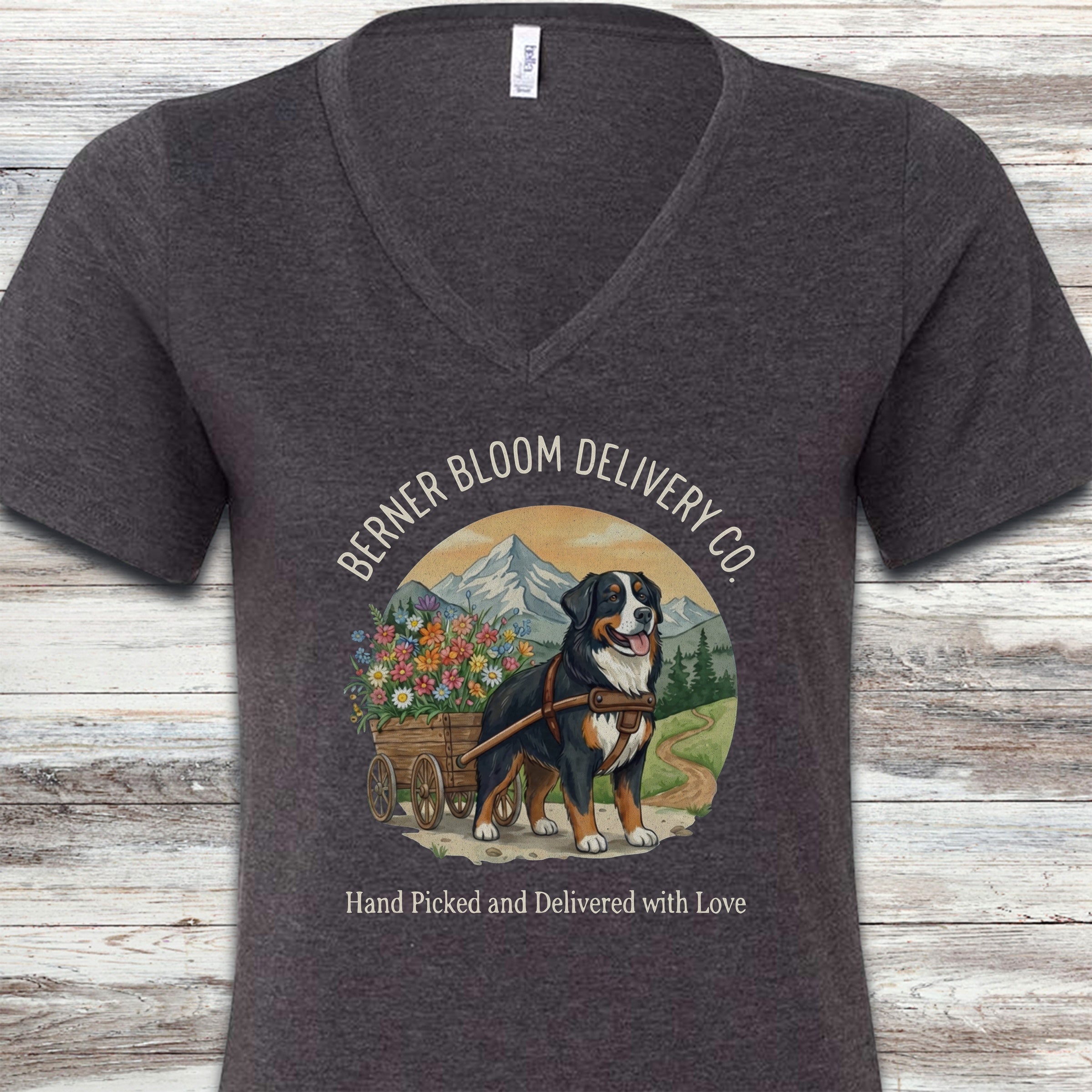 Bernese Mountain Dog Bloom Delivery V-Neck Tee - Dark Grey Heather
