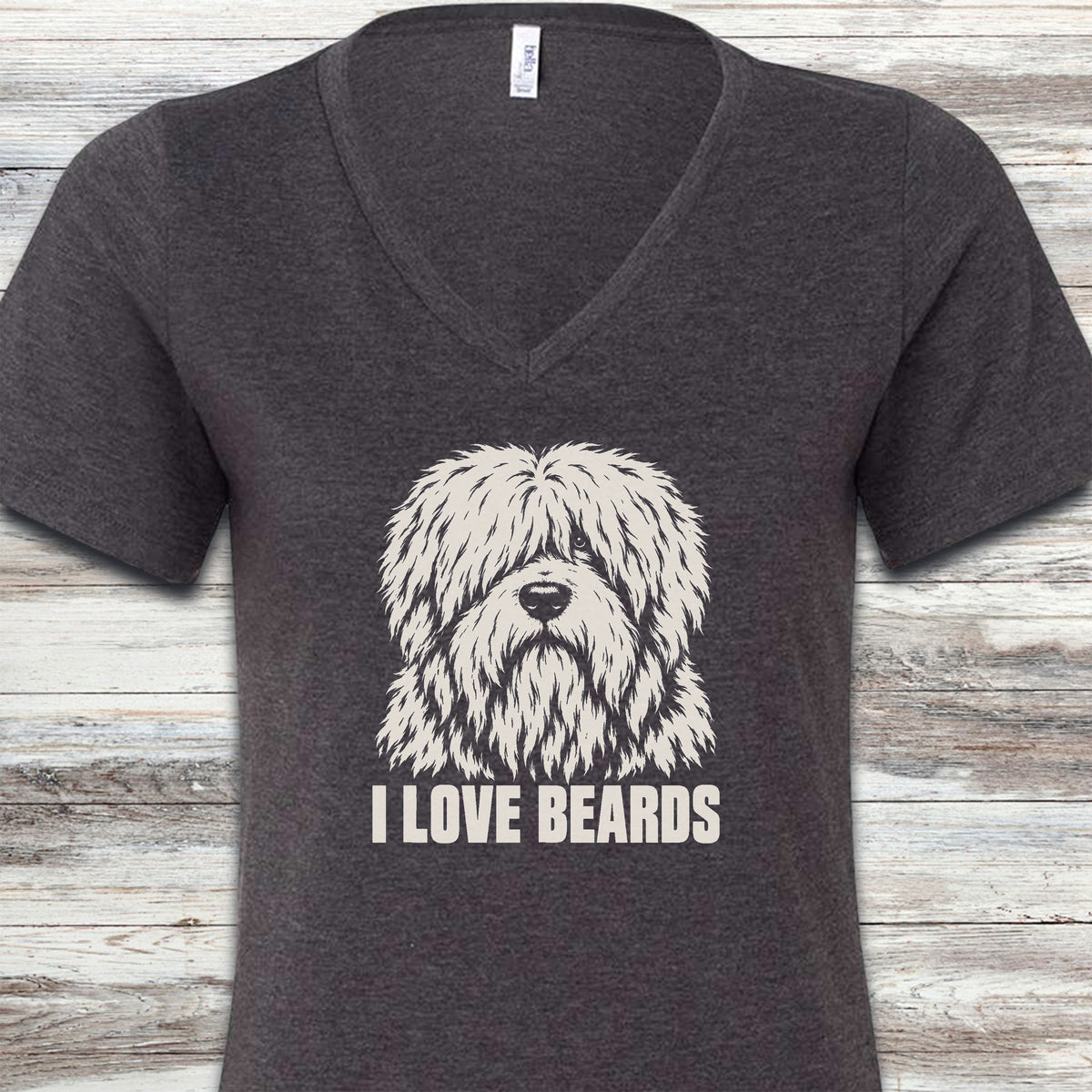 Old English Sheepdog I Love Beards V-Neck Tee - Dark Grey Heather