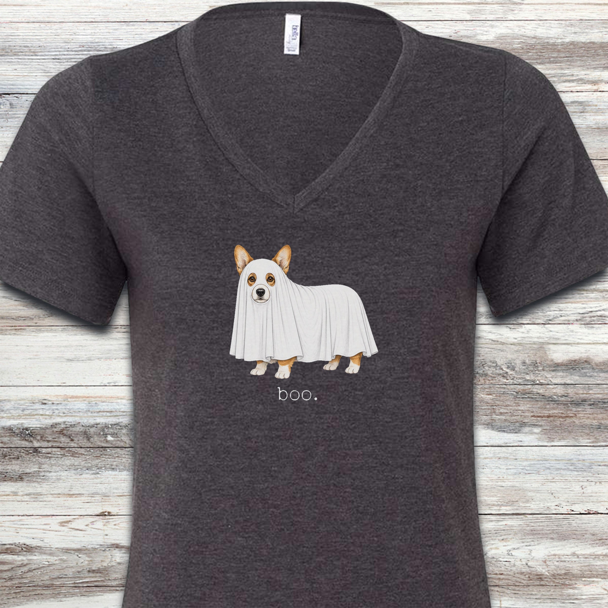 Corgi Boo V-Neck Tee - Dark Grey Heather