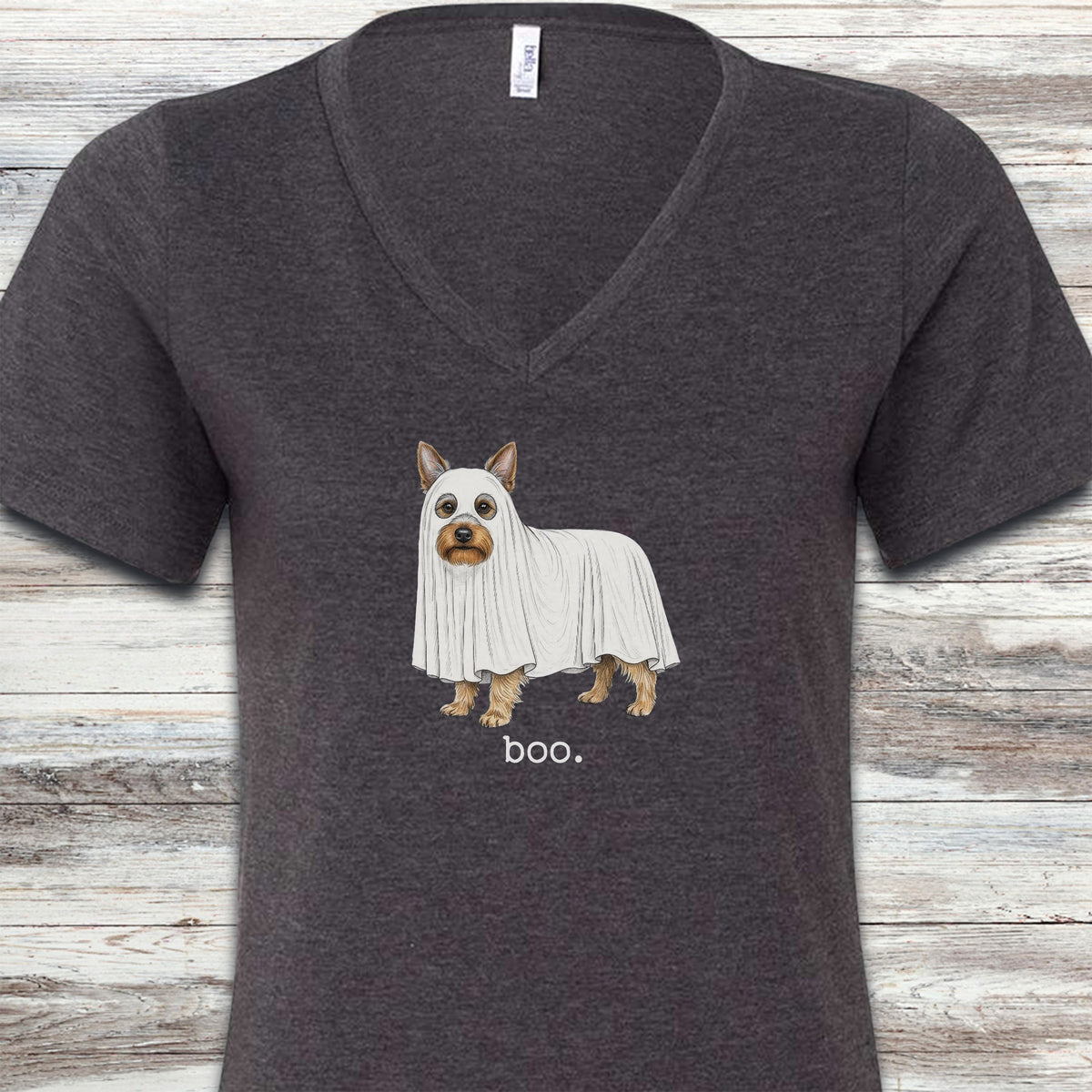 Silky Terrier Boo V-Neck Tee - Dark Grey Heather