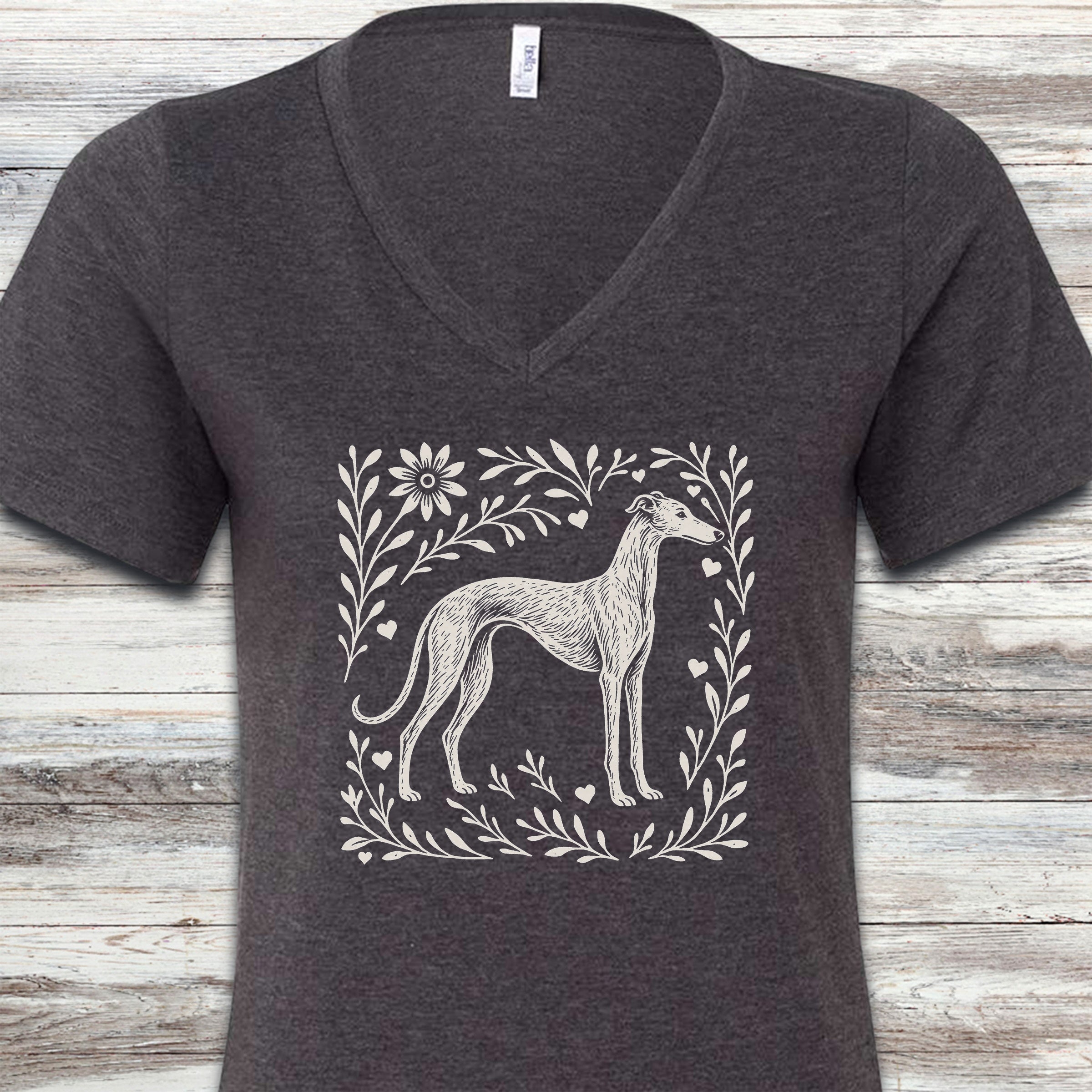 Greyhound Linocut V-Neck Tee - Dark Grey Heather