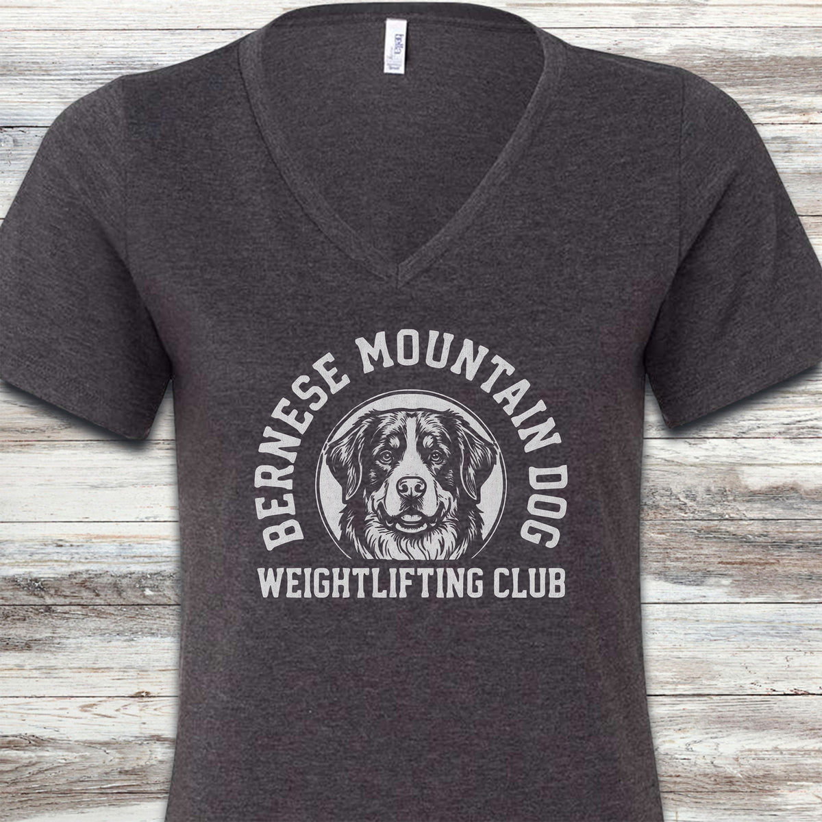 Bernese Mountain Dog Weightlifting V-Neck Tee - Dark Grey Heather