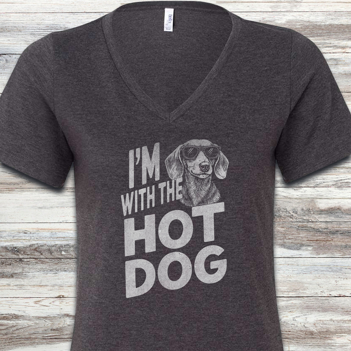 Dachshund Hot Dog V-Neck Tee - Dark Grey Heather
