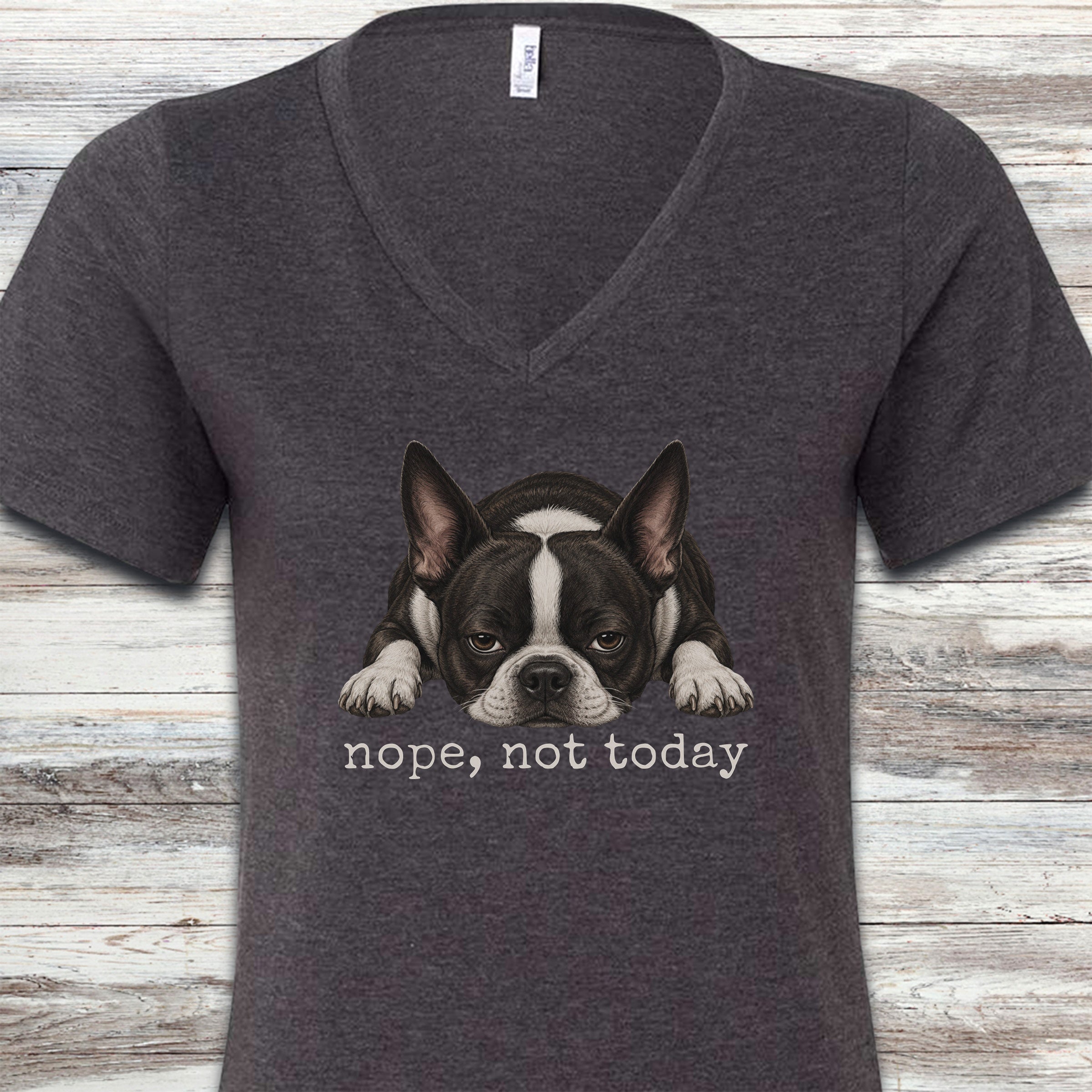 Boston Terrier Nope V-Neck Tee - Dark Grey Heather