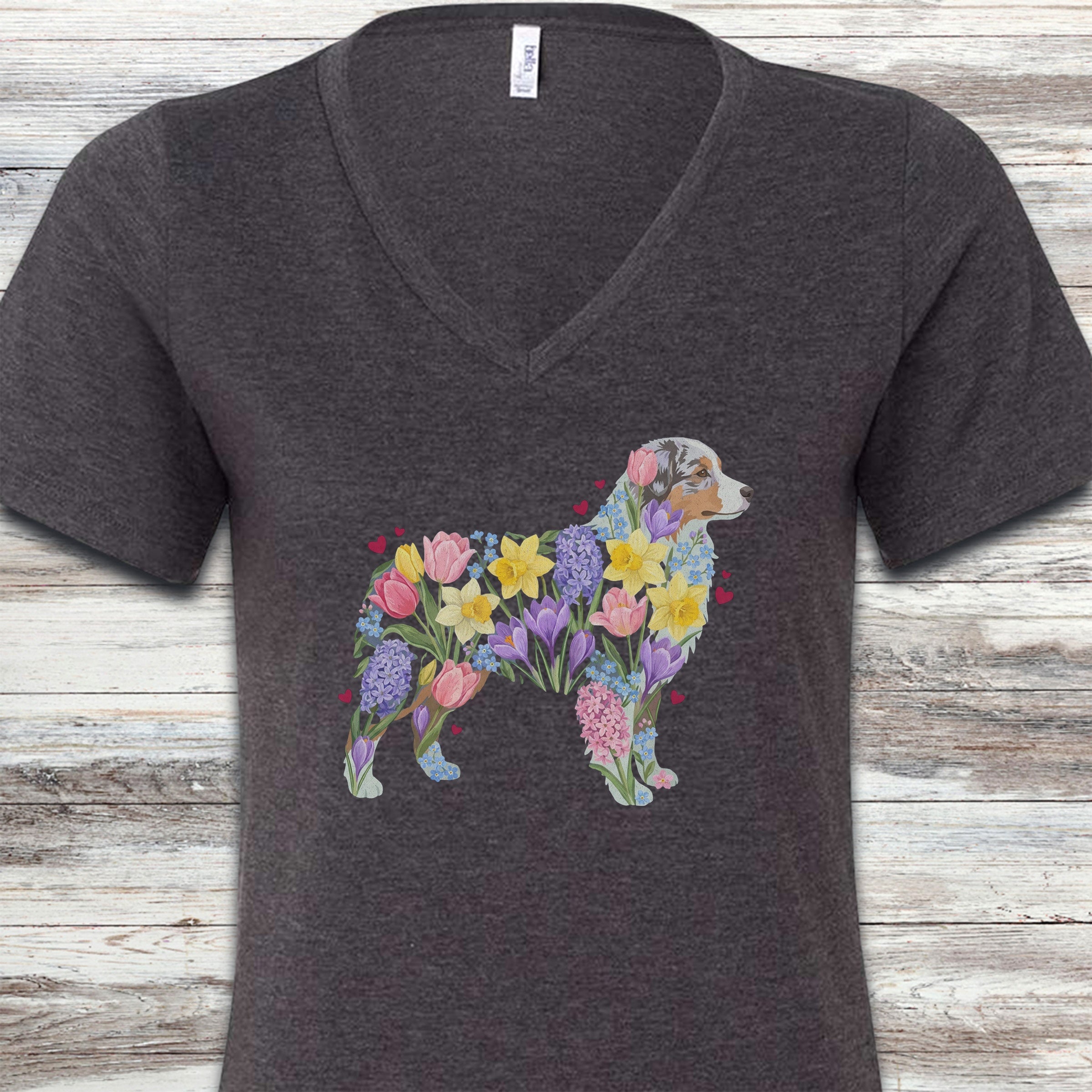 Australian Shepherd Spring Floral Silhouette V-Neck Tee - Dark Grey Heather