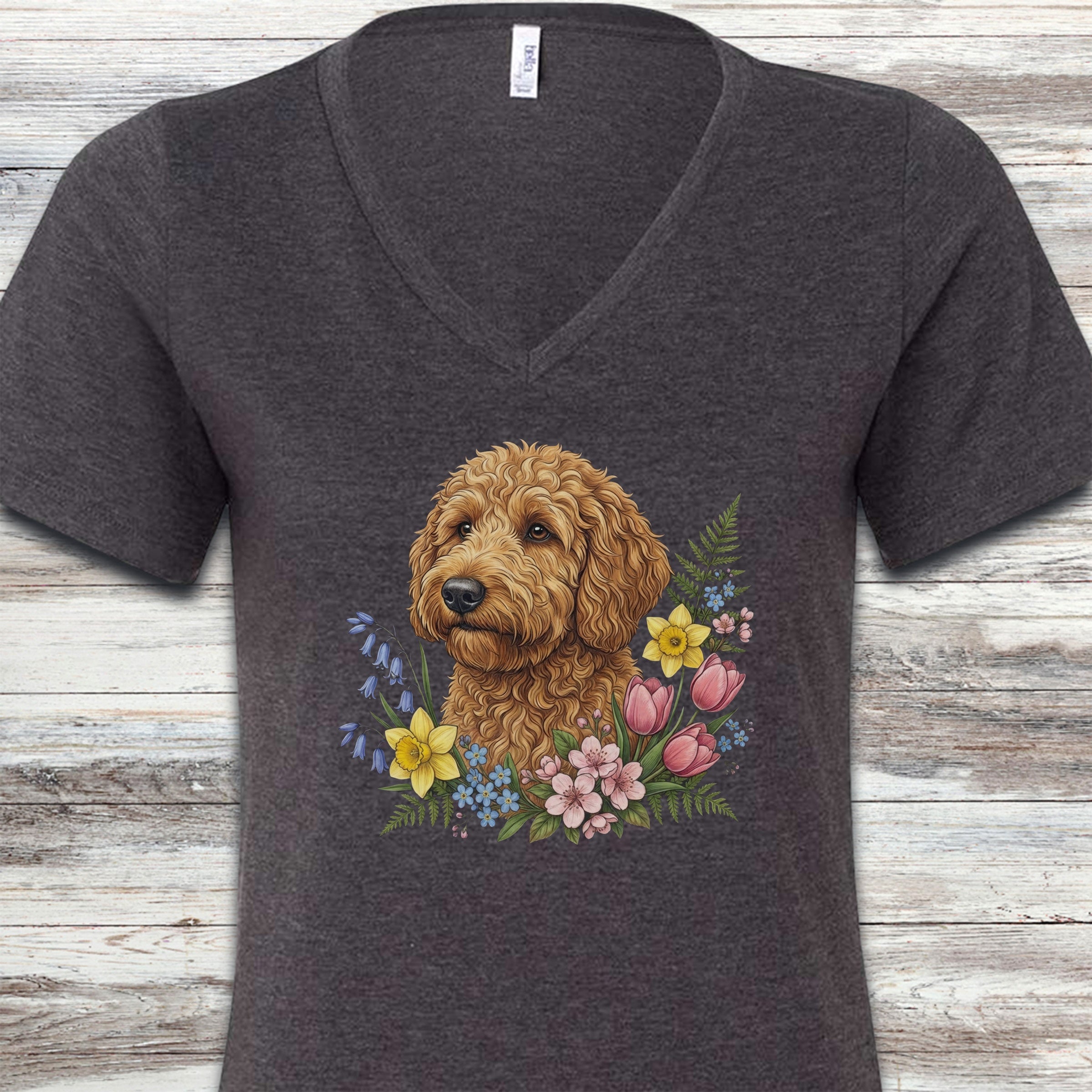 Goldendoodle Spring Portrait V-Neck Tee - Dark Grey Heather