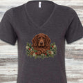 German Shorthaired Pointer Solid Liver Winter Greenery Faux Embroidery V-Neck Tee - Dark Grey Heather