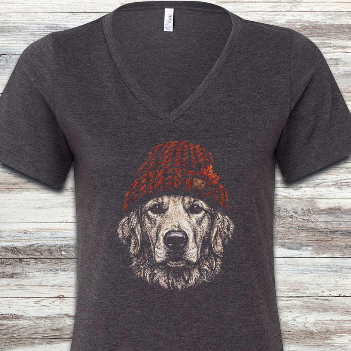Golden Retriever Maple Beanie V-Neck Tee - Dark Grey Heather