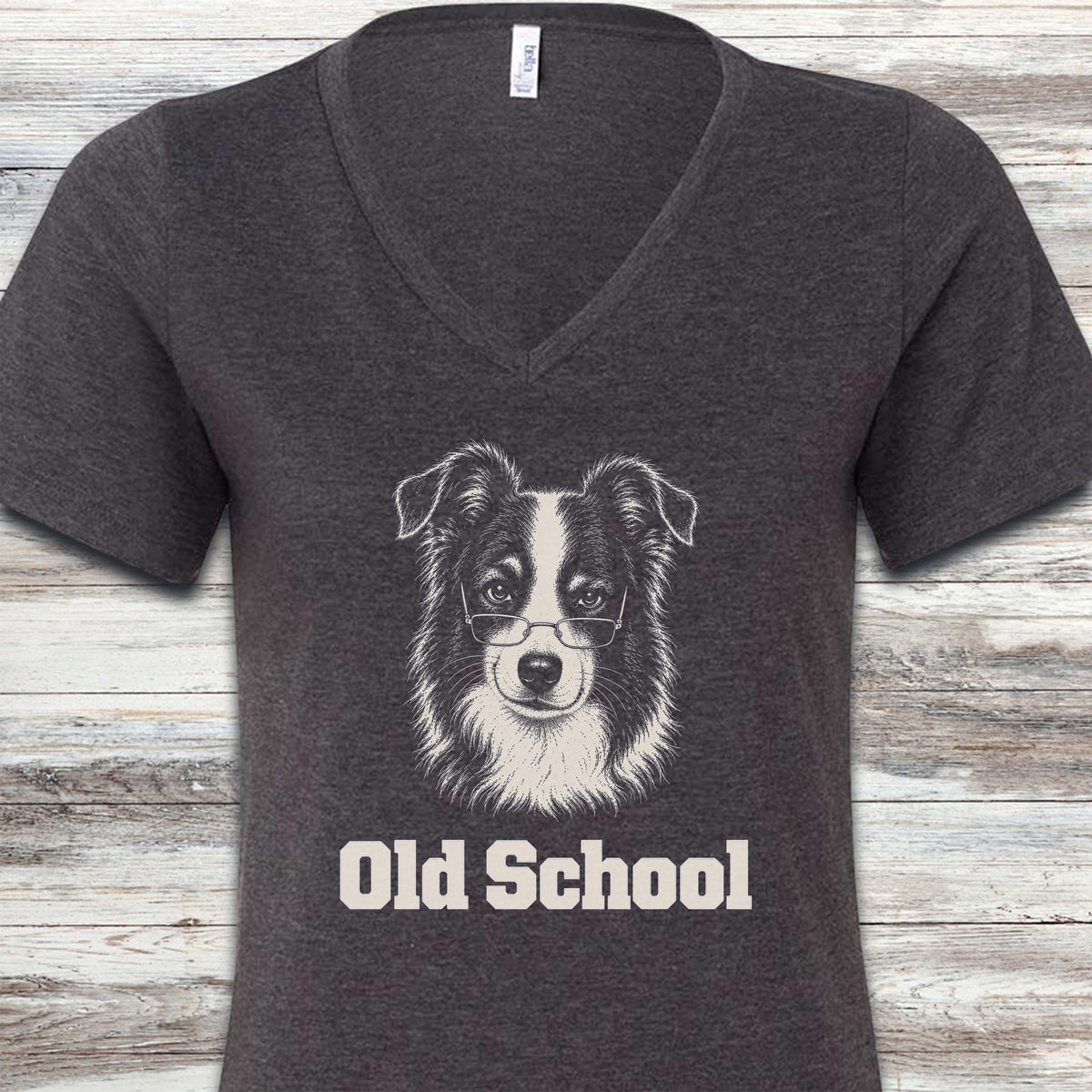 Border Collie Old School V-Neck Tee - Dark Grey Heather