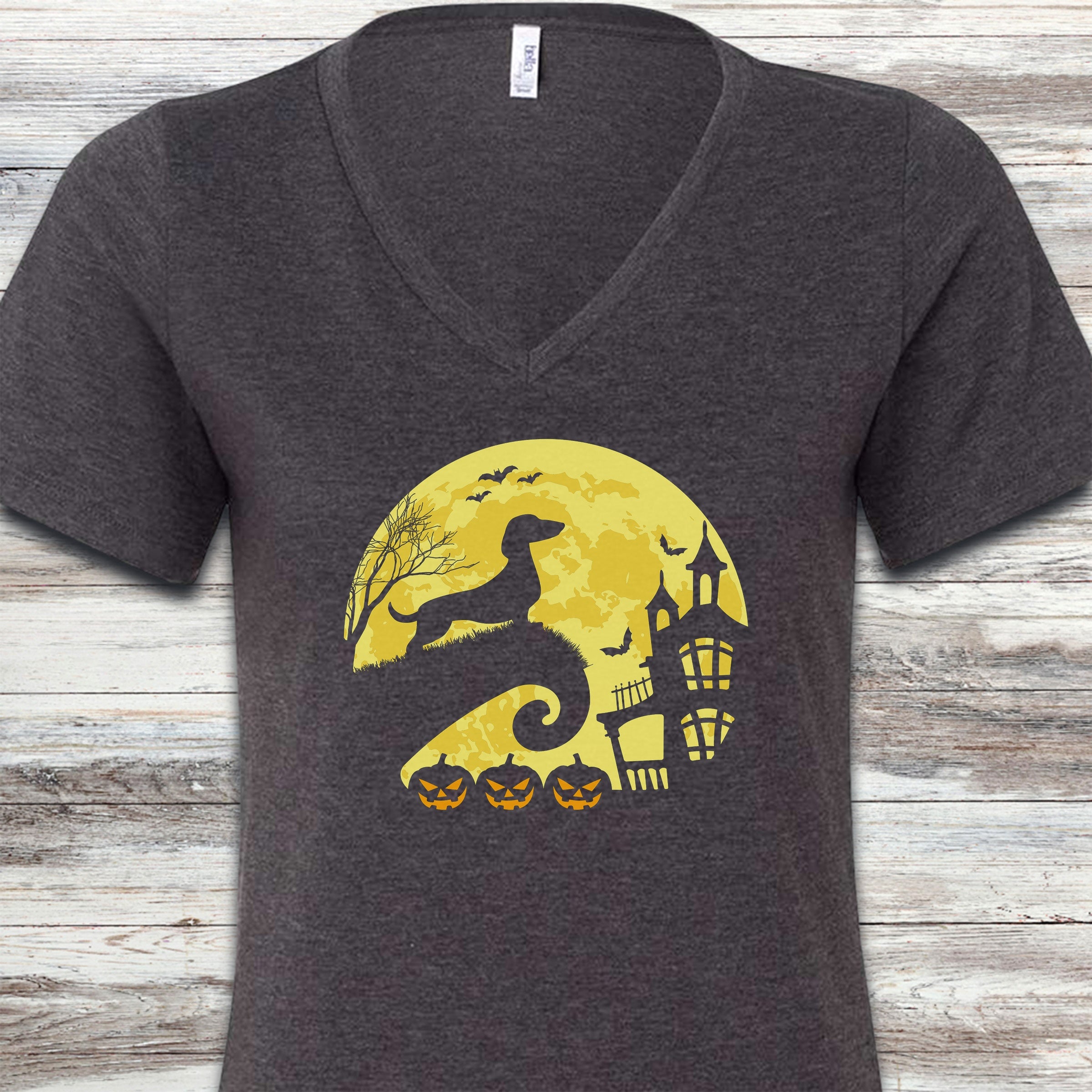 Dachshund Halloween Moon V-Neck Tee - Dark Grey Heather