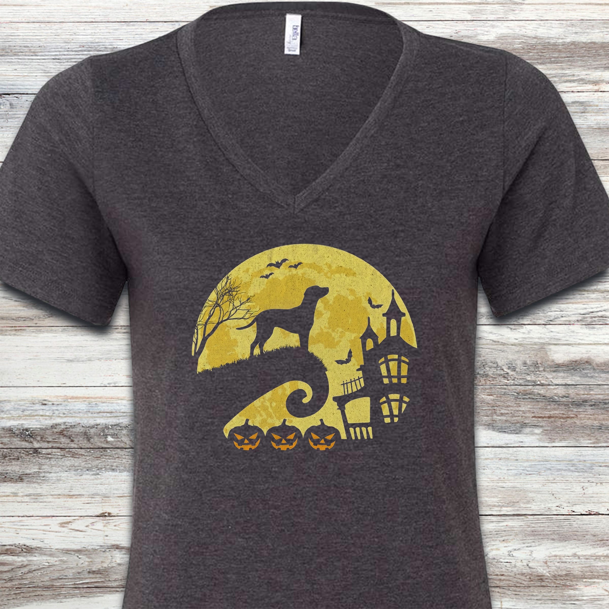 Coonhound Halloween Moon V-Neck Tee - Dark Grey Heather