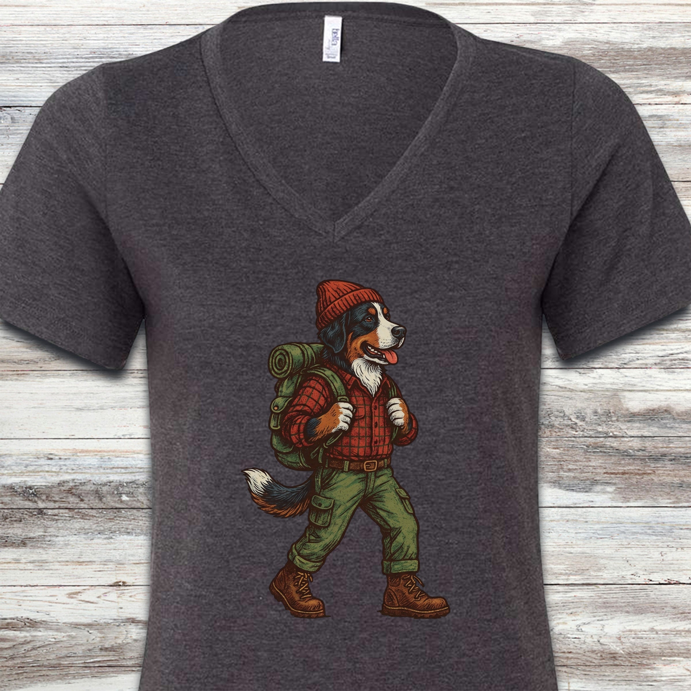 Bernese Mountain Dog Hiking V-Neck Tee - Dark Grey Heather