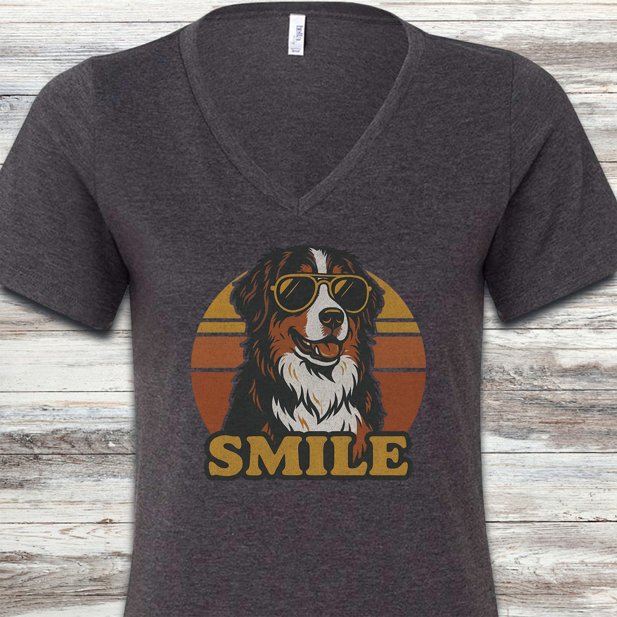 Bernese Mountain Dog Smile V-Neck Tee - Dark Grey Heather