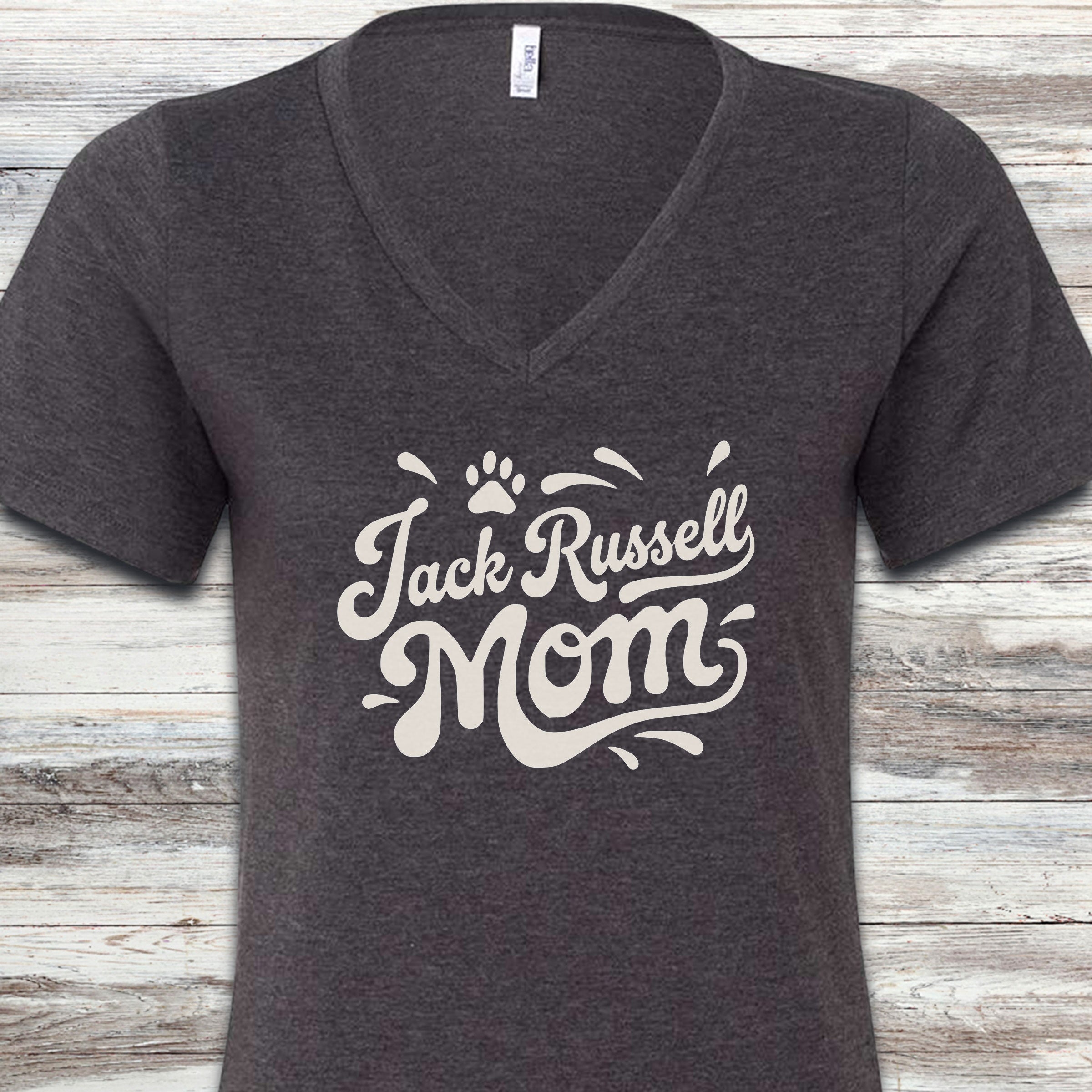 Jack Russell Groovy Mom V-Neck Tee - Dark Grey Heather