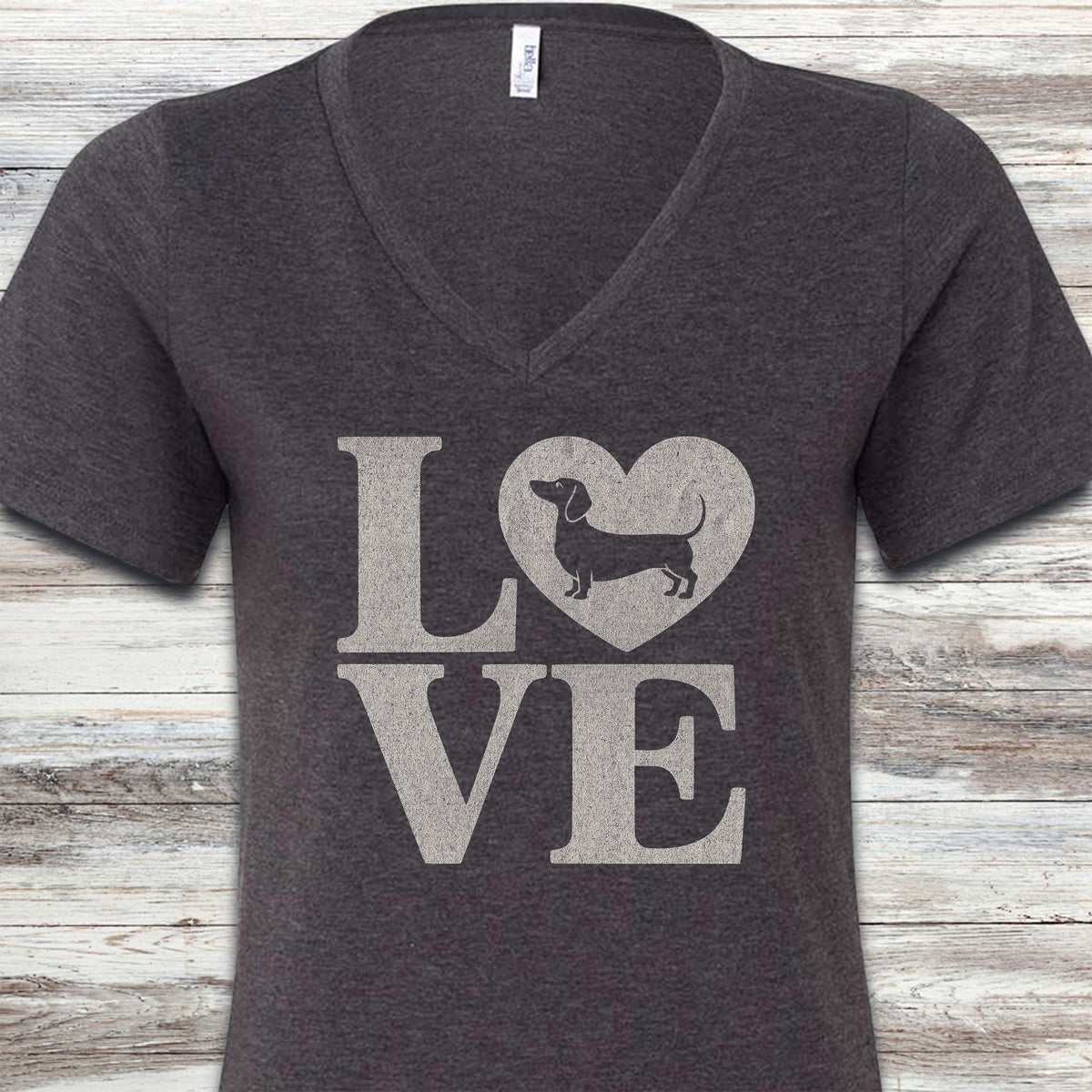 Dachshund Heart V-Neck Tee - Dark Grey Heather