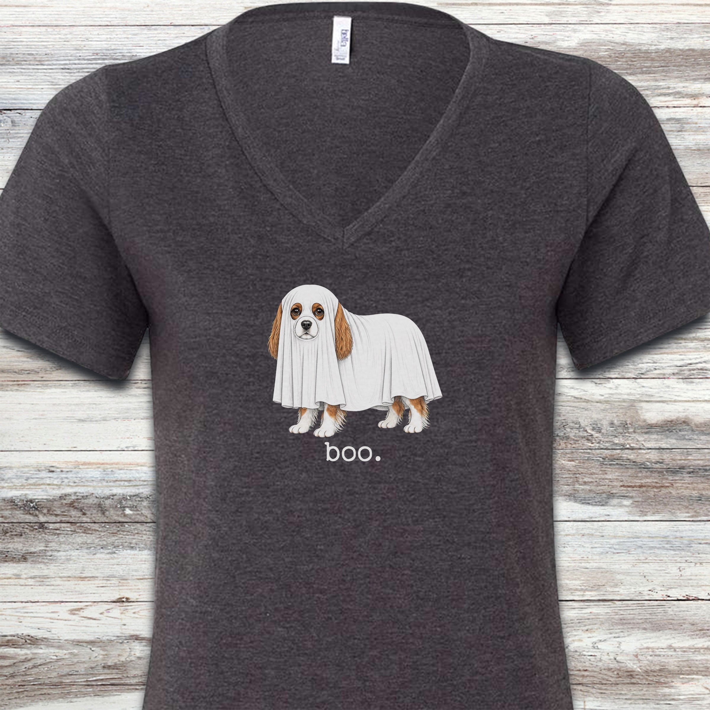 Cavalier King Charles Spaniel Boo V-Neck Tee - Dark Grey Heather