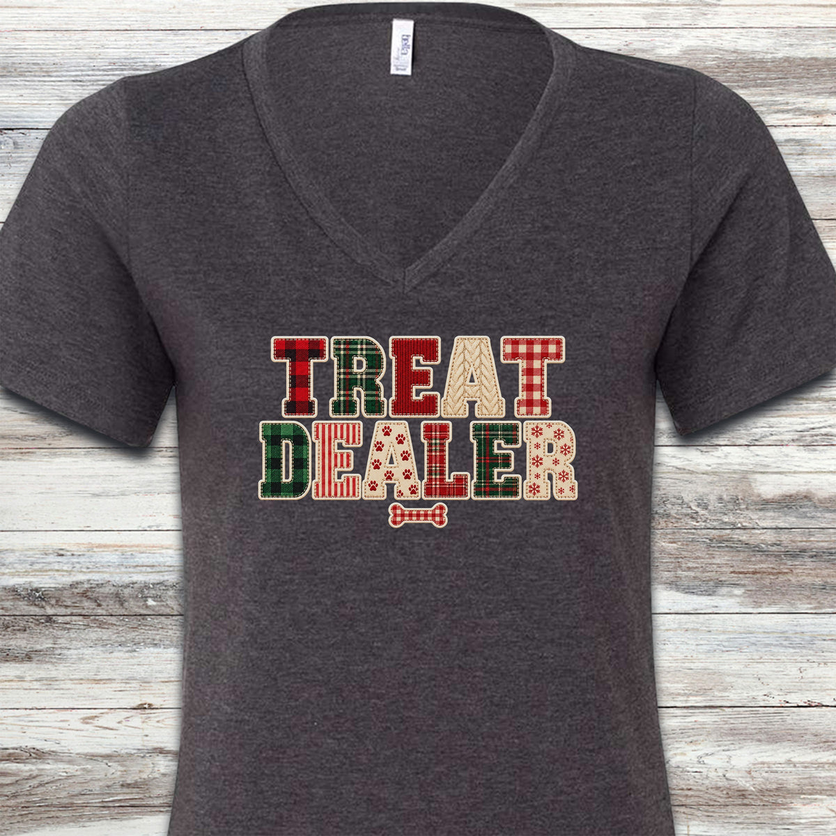 Treat Dealer Holiday Faux Patchwork V-Neck Tee - Dark Grey Heather