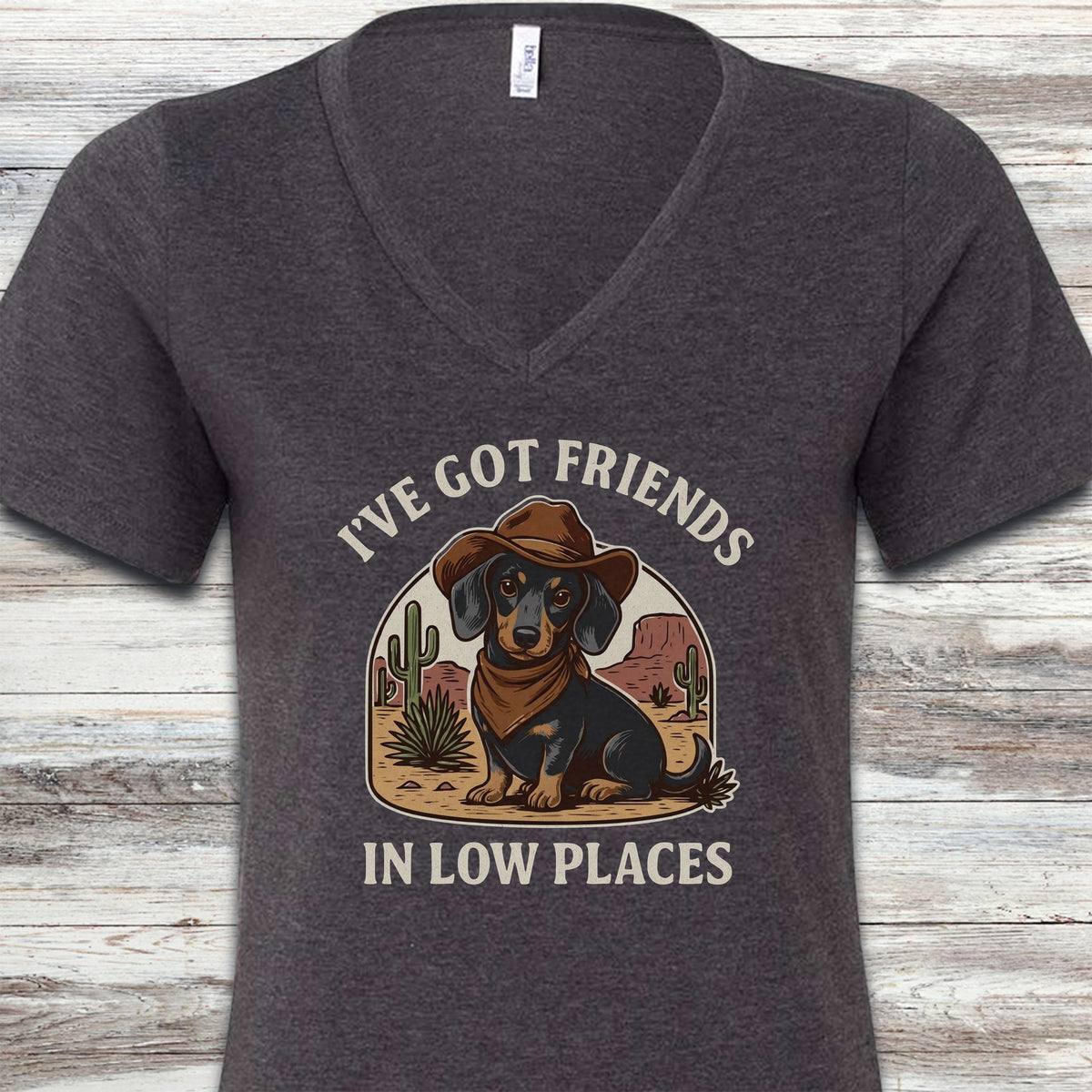 Dachshund Cowboy Friends V-Neck Tee - Dark Grey Heather