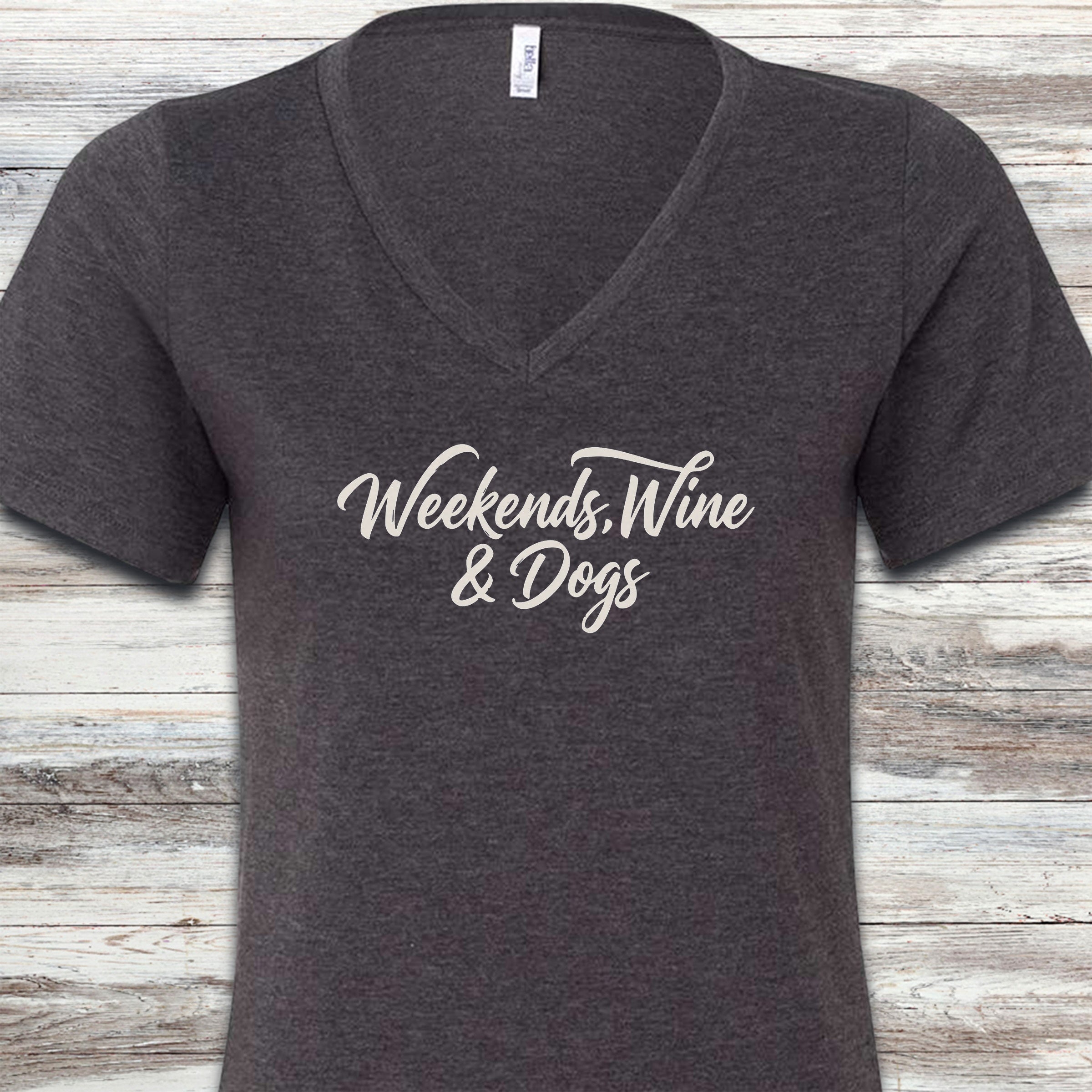 Weekends Wine Dogs V-Neck Tee - Dark Grey Heather