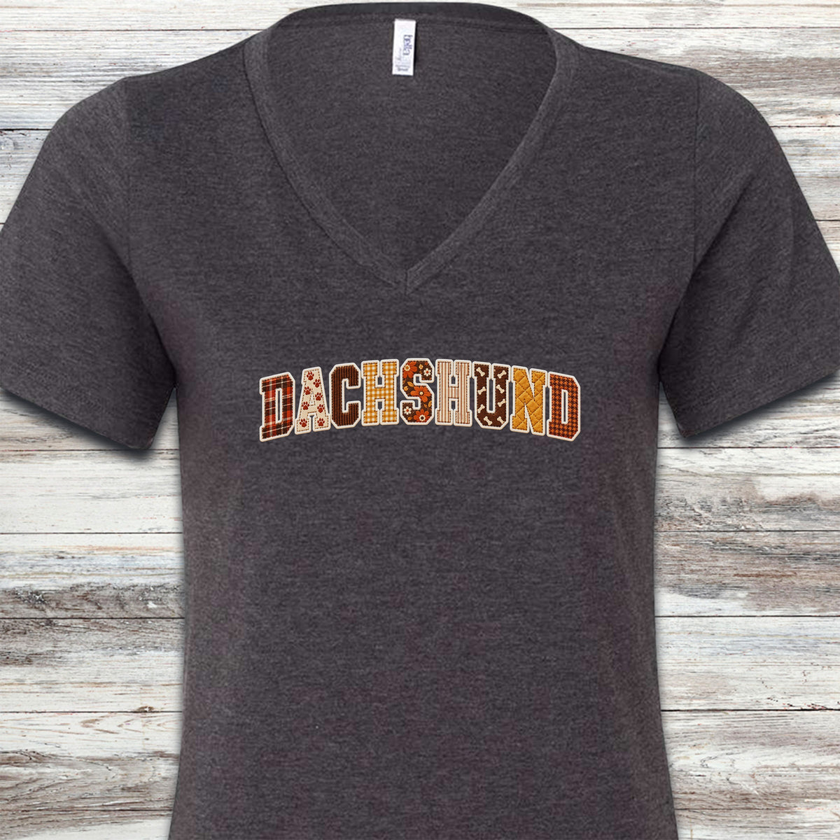 Dachshund Fall Faux Patchwork V-Neck Tee - Dark Grey Heather