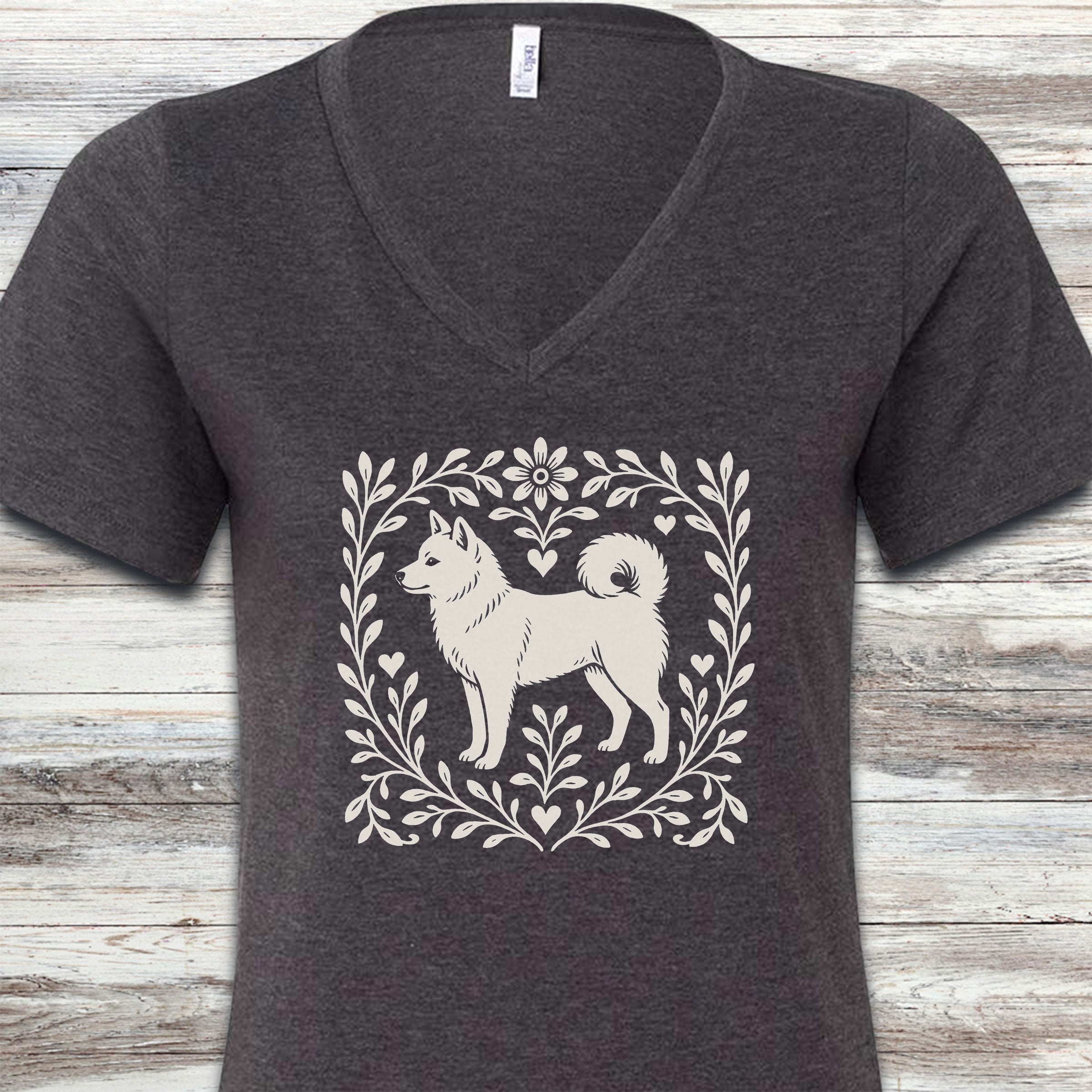 Shiba Inu Linocut V-Neck Tee - Dark Grey Heather