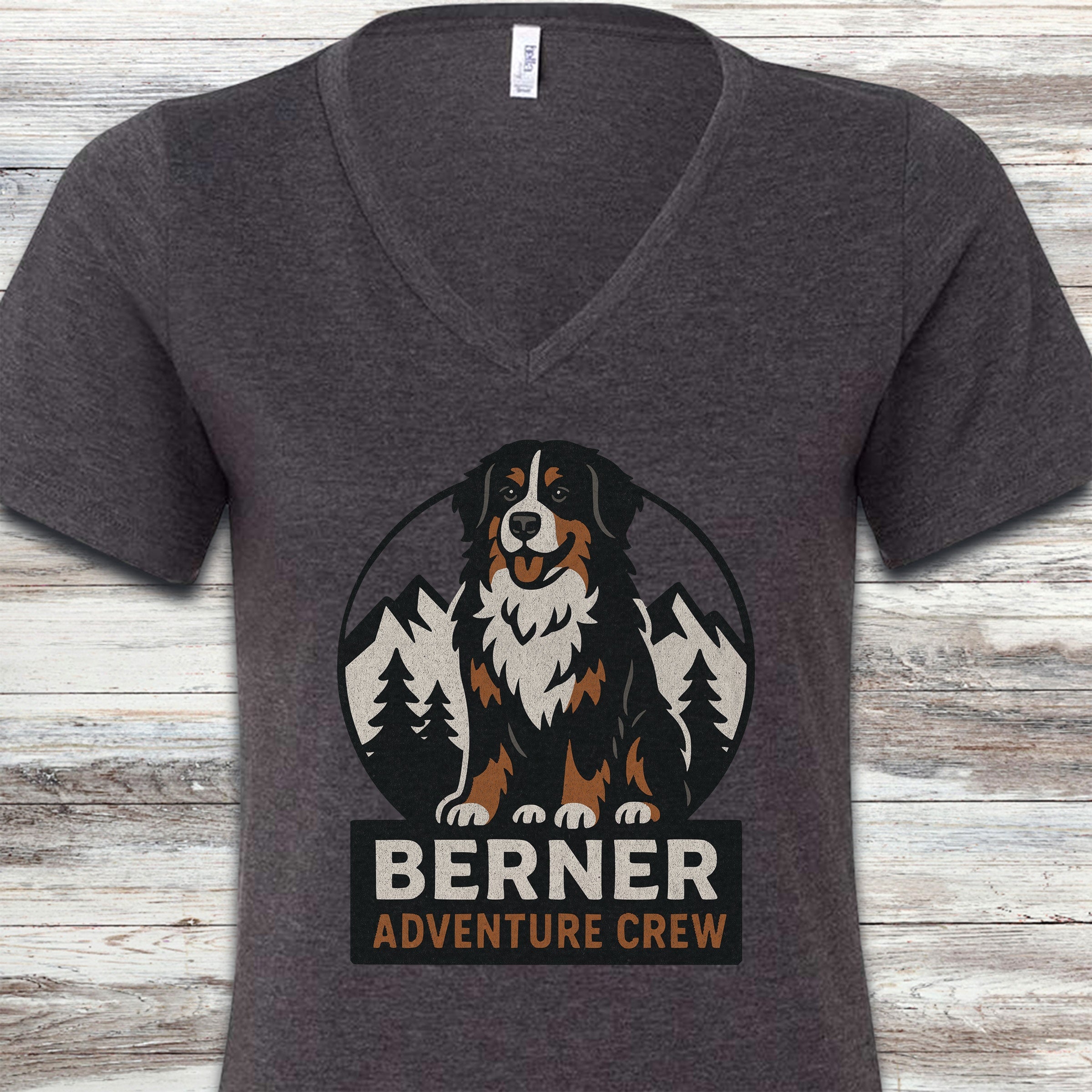 Bernese Mountain Dog Adventure Crew V-Neck Tee - Dark Grey Heather