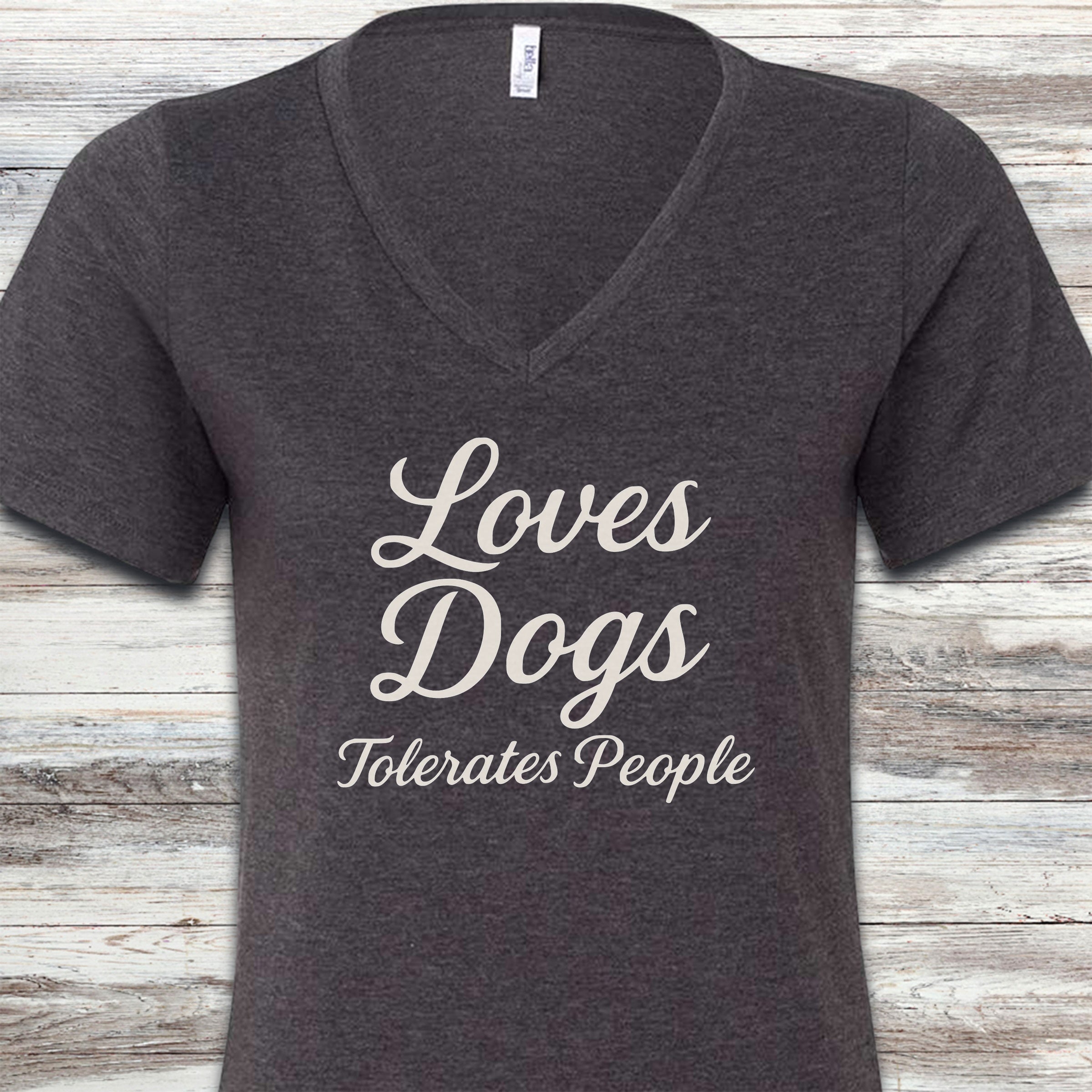 Loves Dogs Tolerates People V-Neck Tee - Dark Grey Heather
