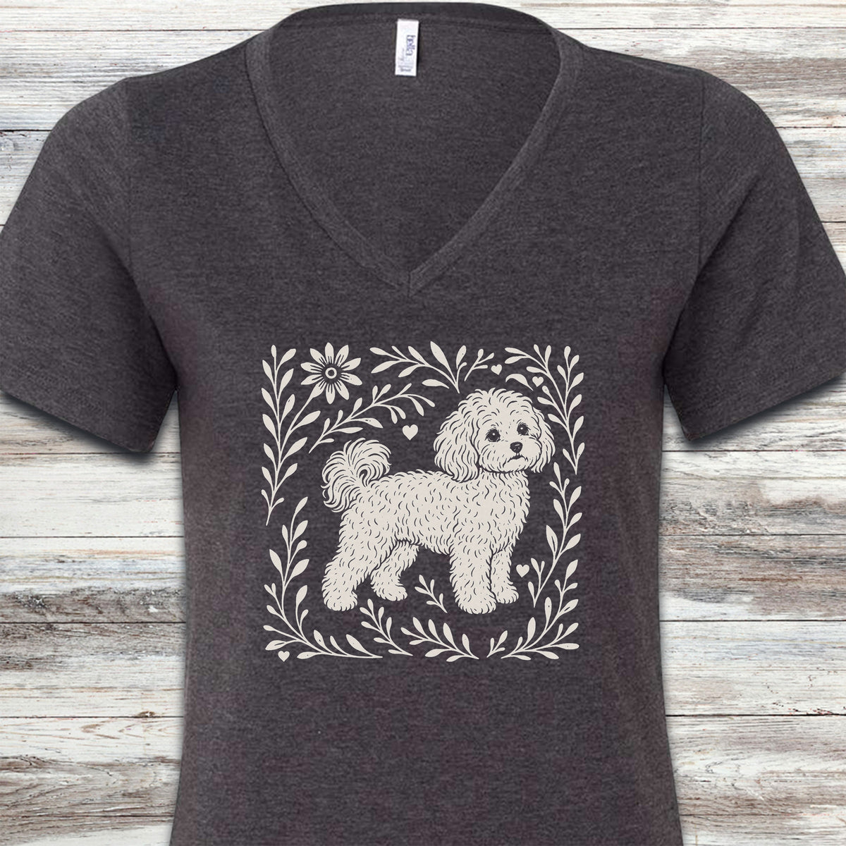 Maltipoo Linocut V-Neck Tee - Dark Grey Heather