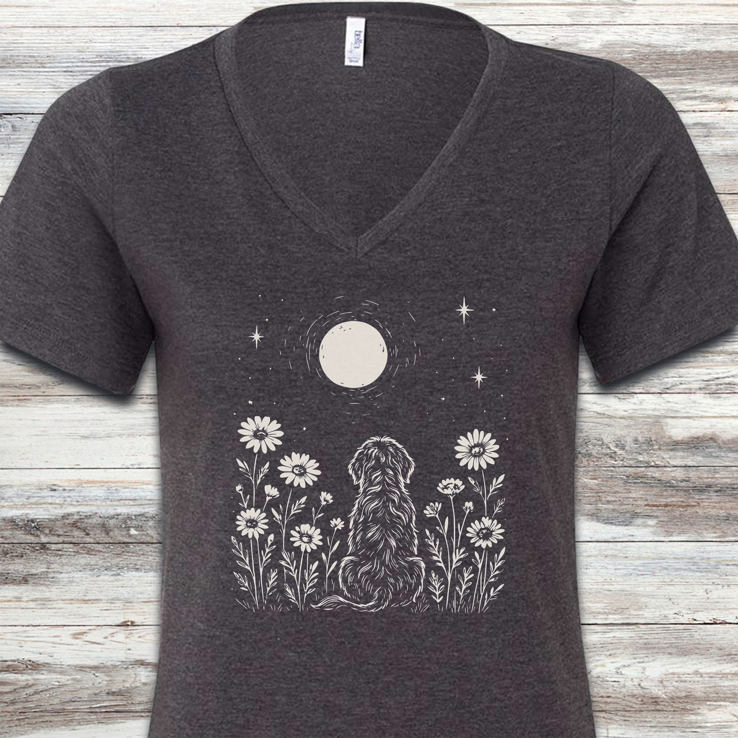 Doodle Moonlight & Wildflowers V-Neck Tee - Dark Grey Heather