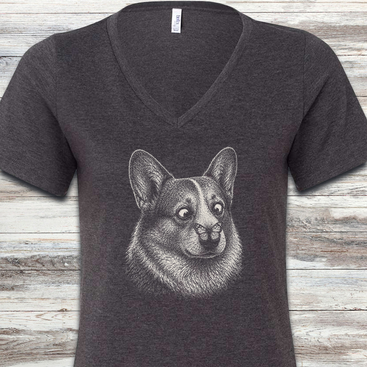 Corgi Butterfly V-Neck Tee - Dark Grey Heather
