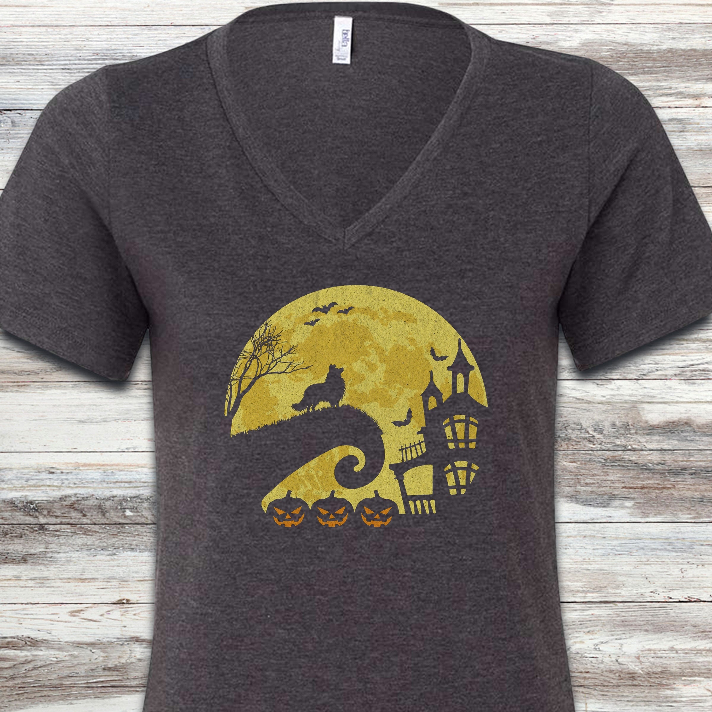 Shetland Sheepdog Halloween Moon V-Neck Tee - Dark Grey Heather