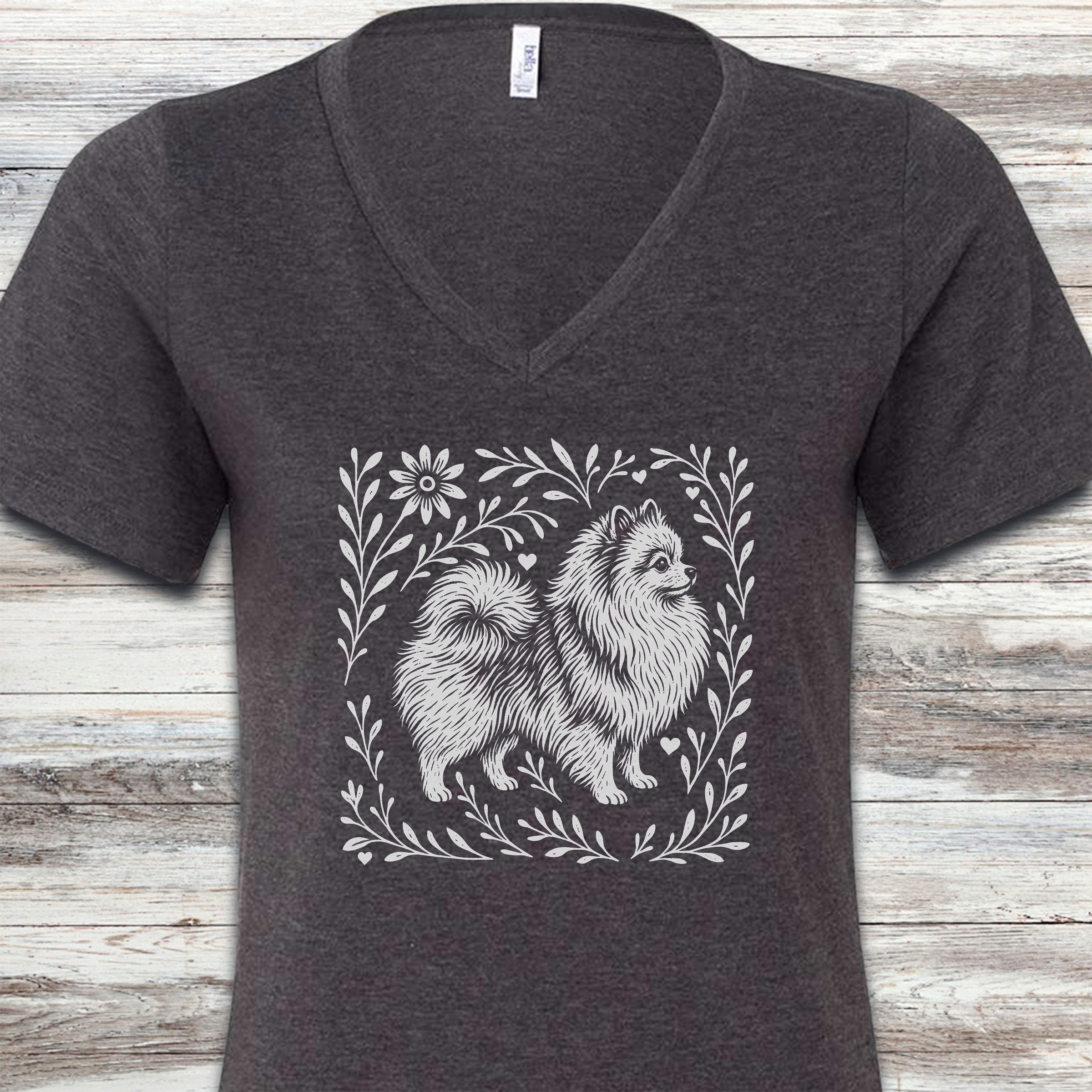 Pomeranian Linocut V-Neck Tee - Dark Grey Heather