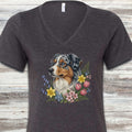 Australian Shepherd Merle Blue Eyes Portrait V-Neck Tee - Dark Grey Heather