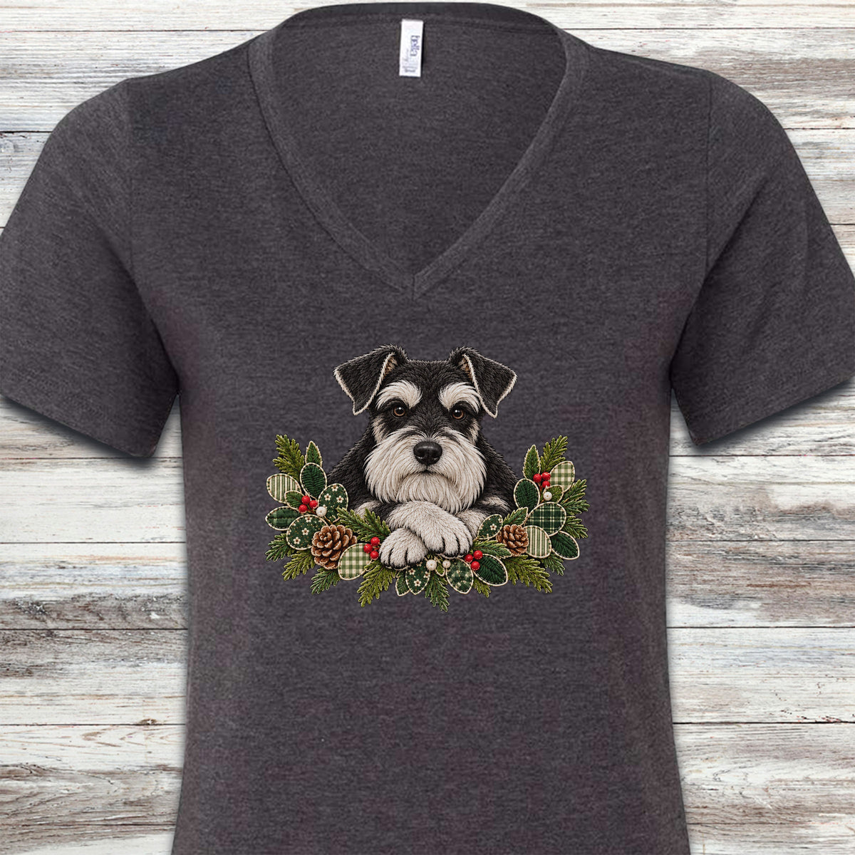 Schnauzer Black and Silver Winter Greenery Faux Embroidery V-Neck Tee - Dark Grey Heather